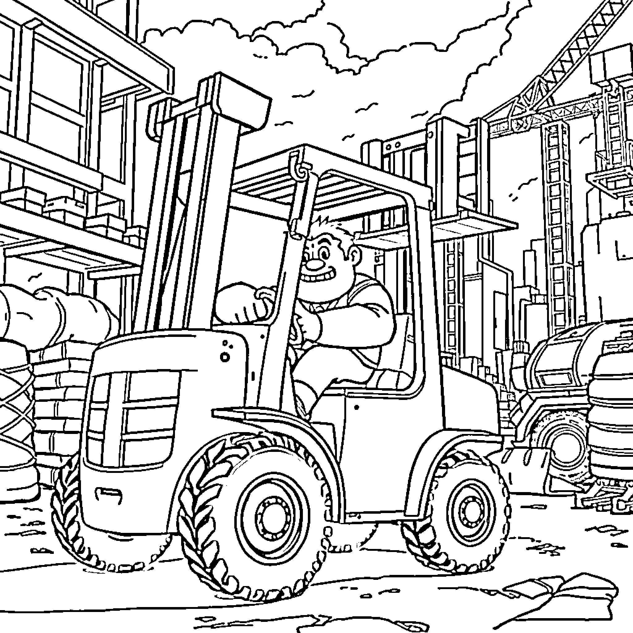 Wreck it Ralph operates a forklift in a construction site Coloring Page (free black-and-white line drawing printable PDF for all, from beginners to advanced learners, including children, teens, adults, and seniors)