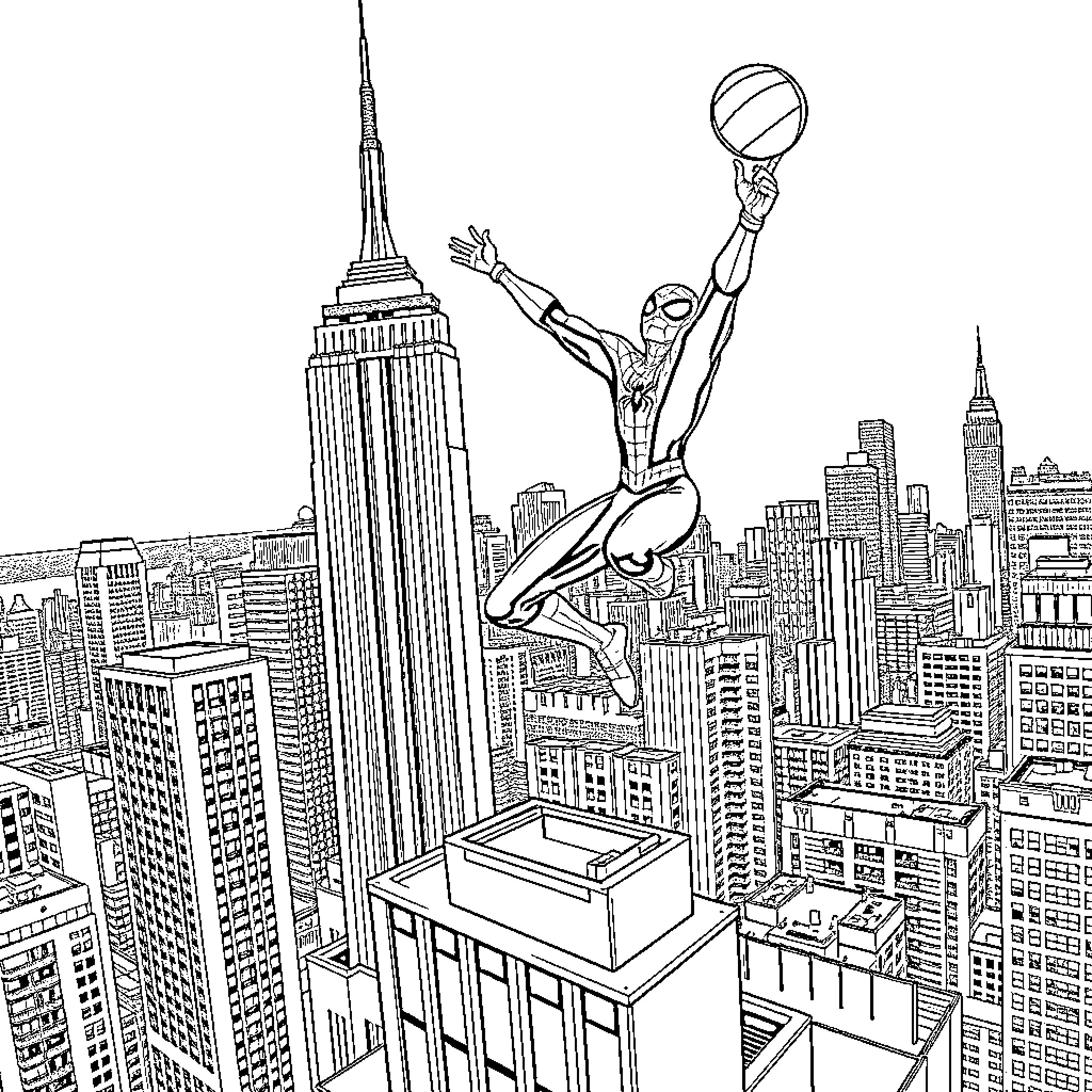 Spiderman swinging through the cityscape Coloring Page (free black-and-white line drawing printable PDF for all, from beginners to advanced learners, including children, teens, adults, and seniors)