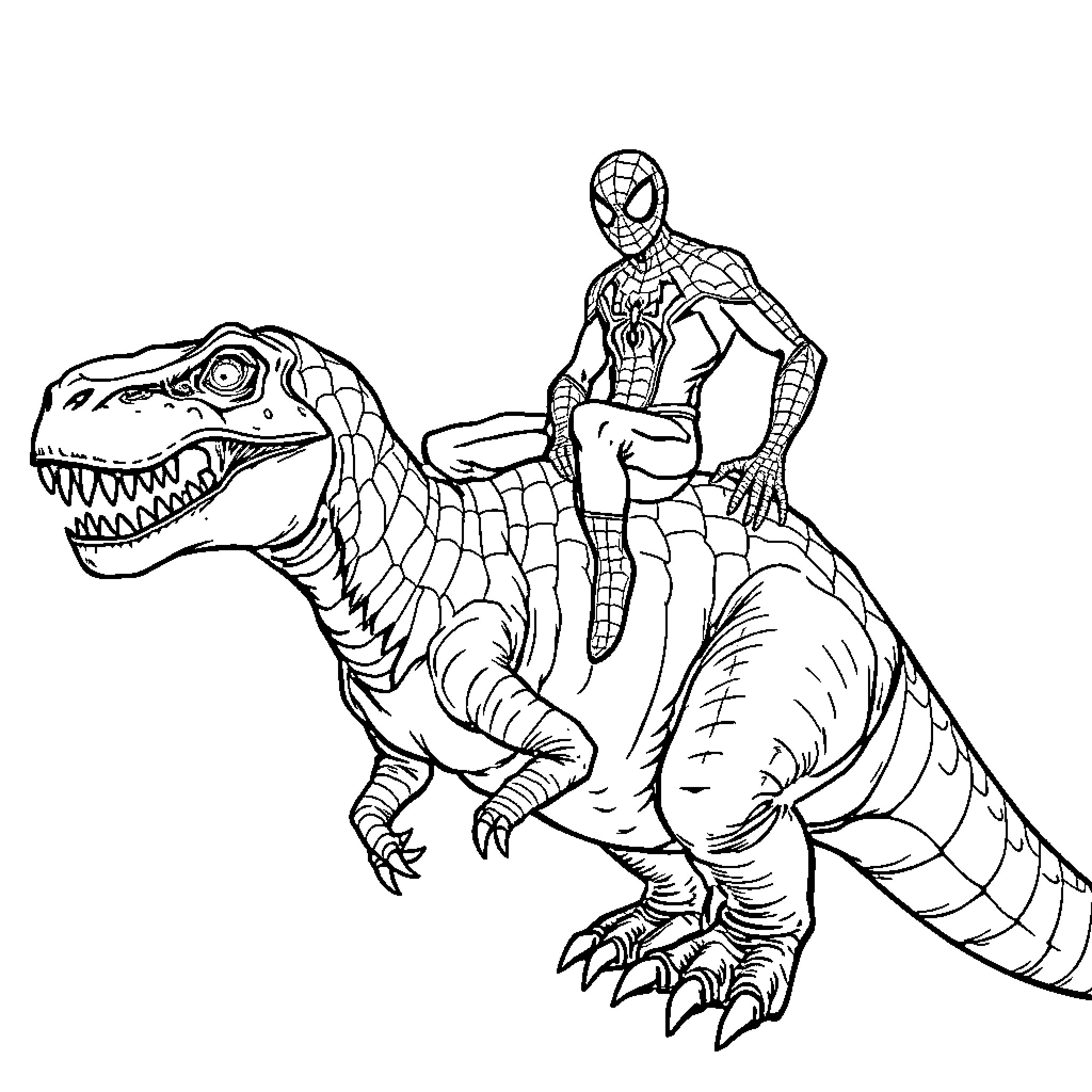 Spiderman riding a ferocious dinosaur Coloring Page (free black-and-white line drawing printable PDF for all, from beginners to advanced learners, including children, teens, adults, and seniors)