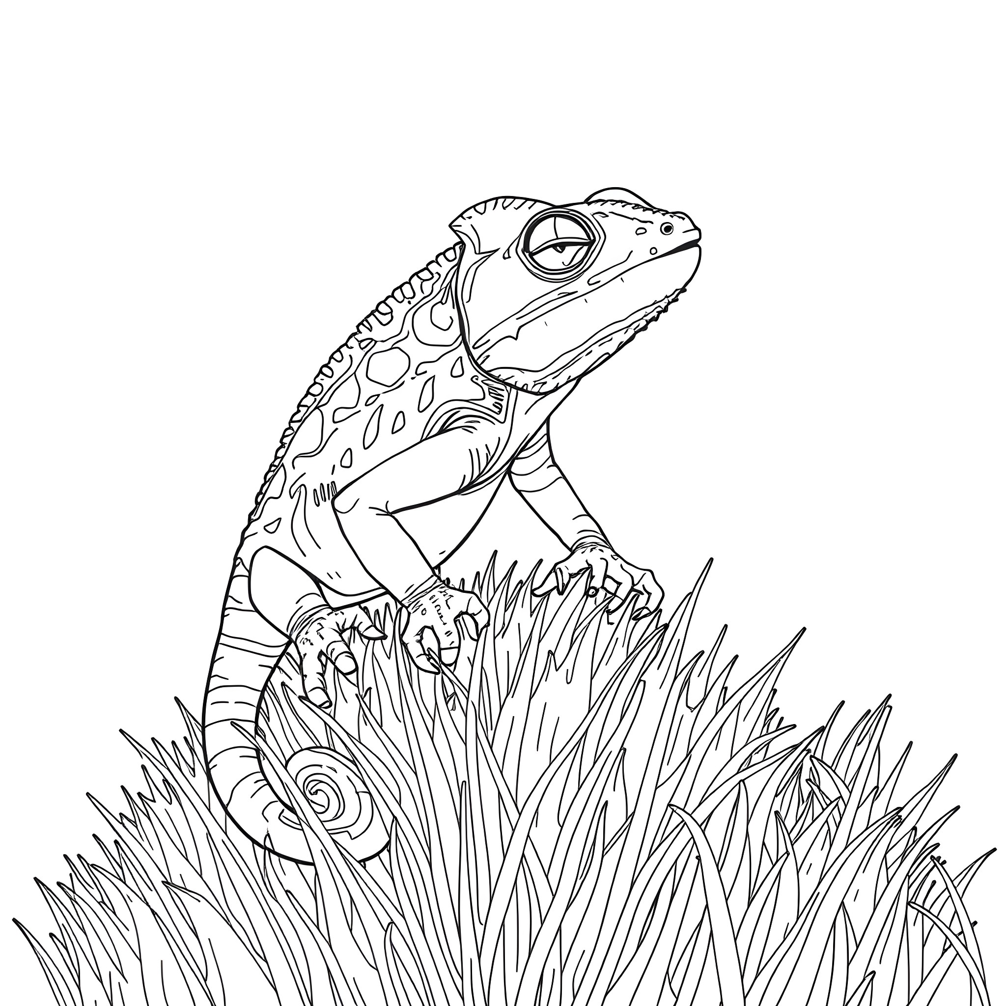 Chameleon exploring the lush foliage Coloring Page (free black-and-white line drawing printable PDF for all, from beginners to advanced learners, including children, teens, adults, and seniors)