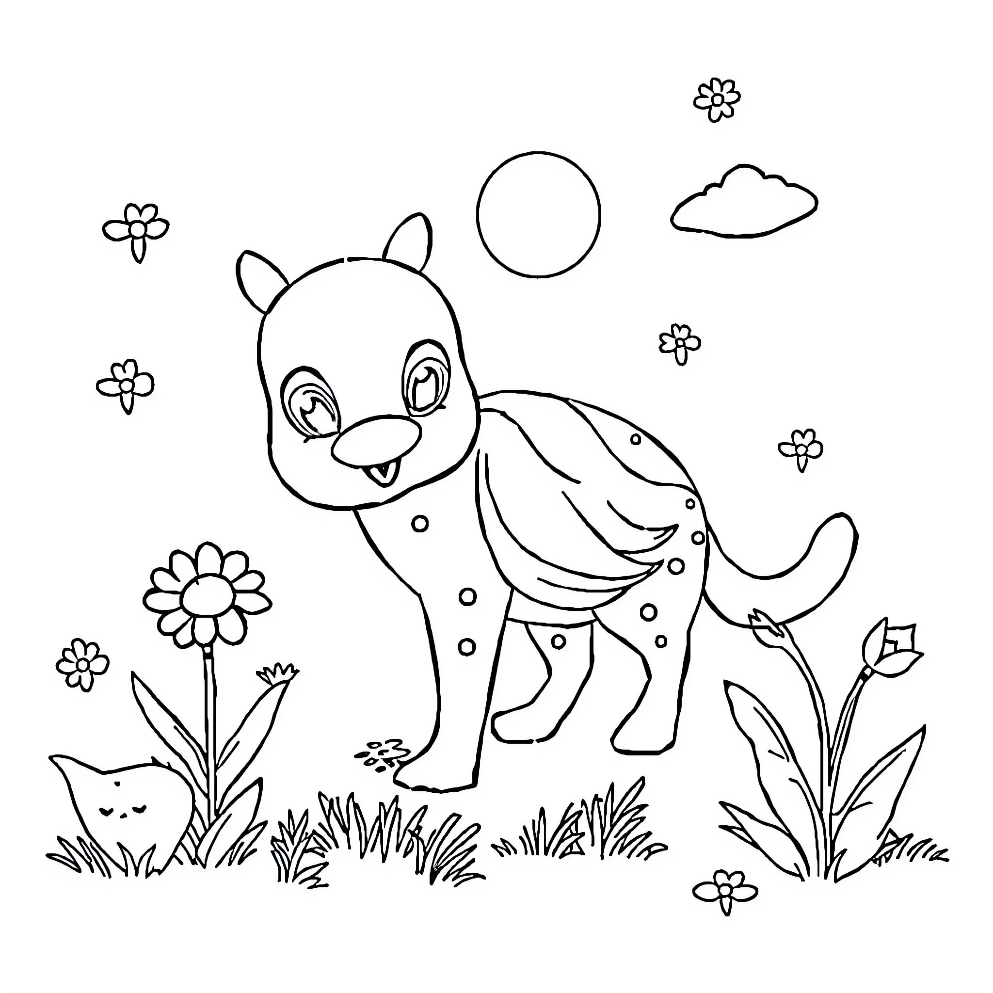 Book with Playful Puppy in Floral Garden Coloring Page (free black-and-white line drawing printable PDF for all, from beginners to advanced learners, including children, teens, adults, and seniors)