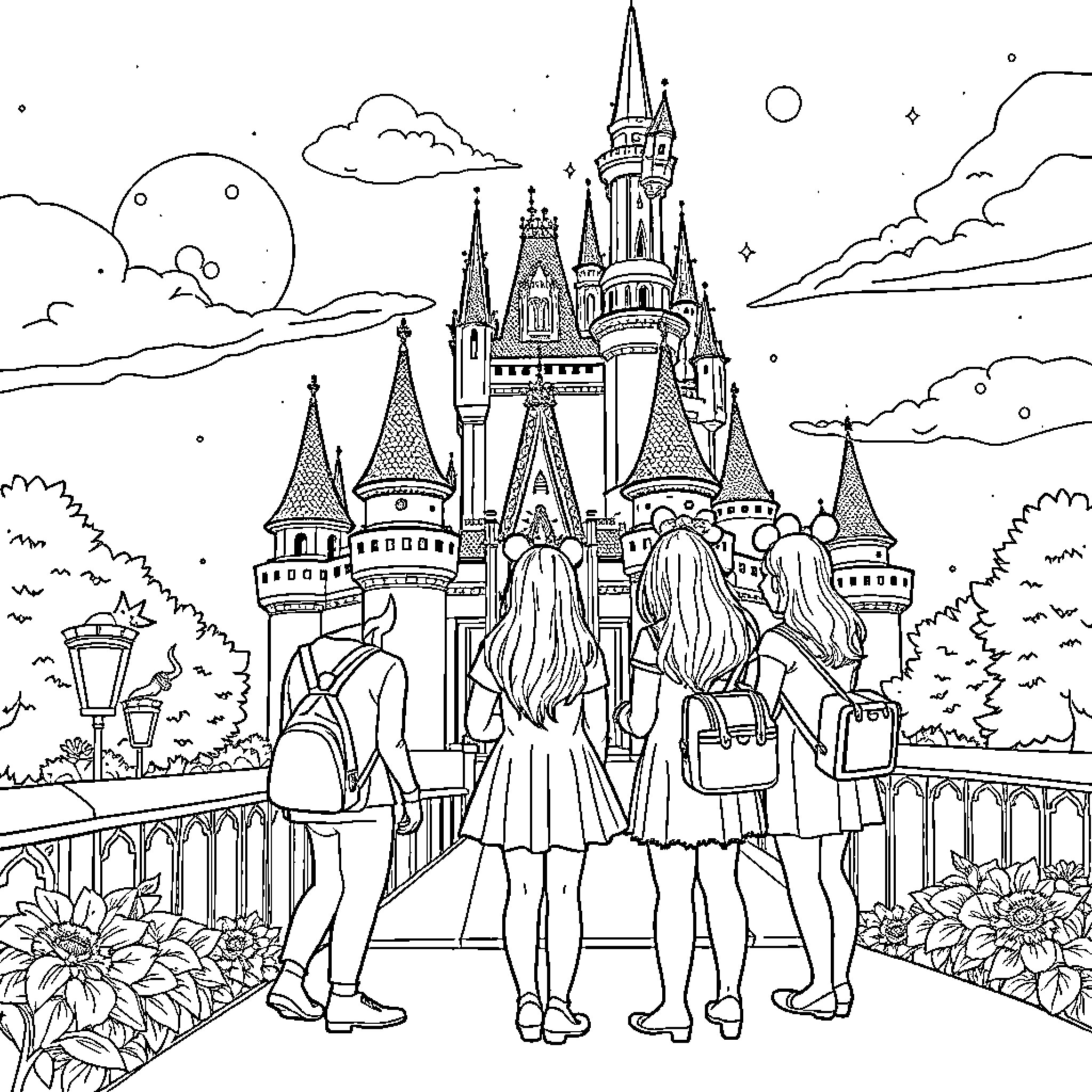 Girl and friends walking towards fantasy castle Coloring Page (free black-and-white line drawing printable PDF for all, from beginners to advanced learners, including children, teens, adults, and seniors)