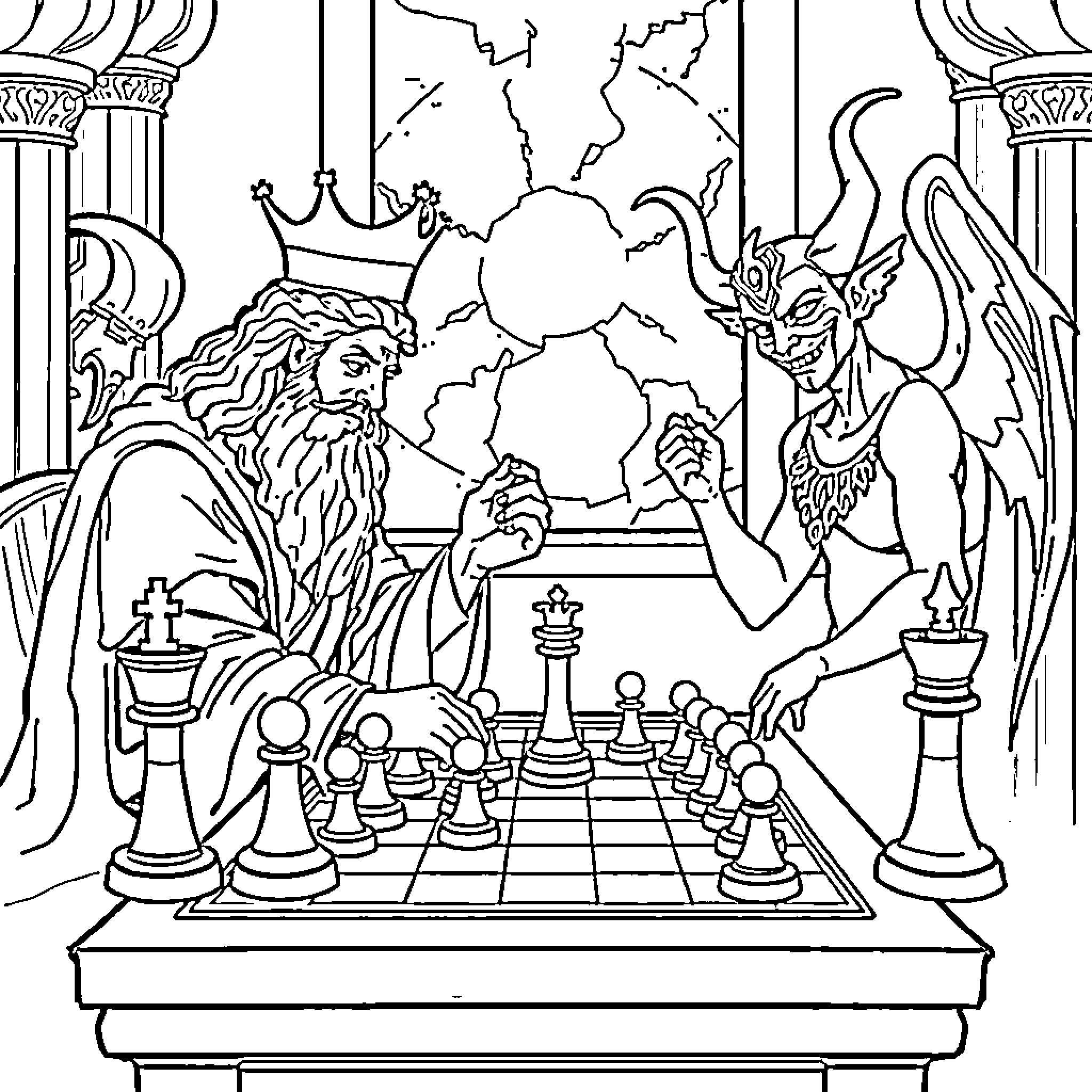 God's Immortal Chess Match Coloring Page (free black-and-white line drawing printable PDF for all, from beginners to advanced learners, including children, teens, adults, and seniors)