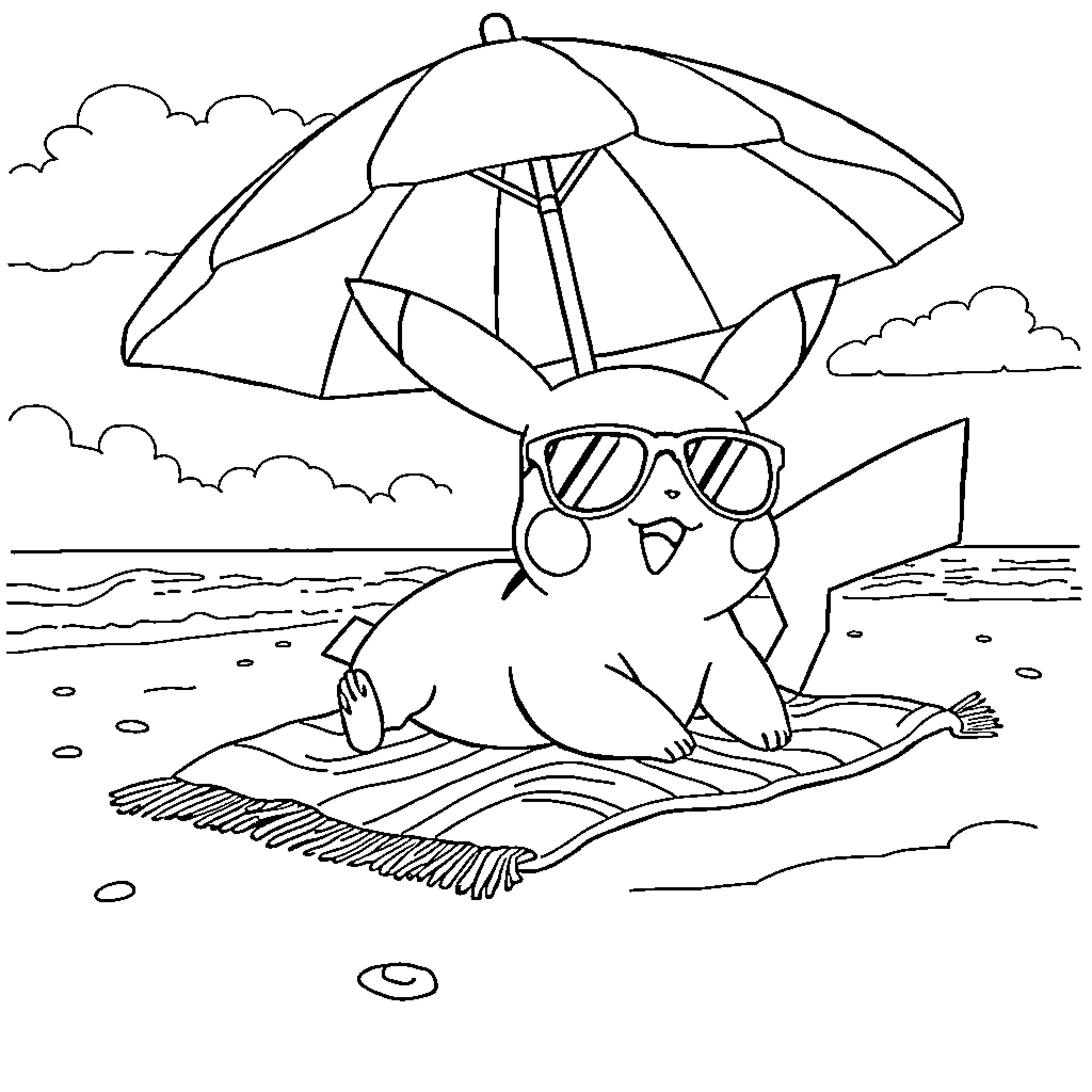Pikachu enjoys a sunny day at the beach Coloring Page (free black-and-white line drawing printable PDF for all, from beginners to advanced learners, including children, teens, adults, and seniors)