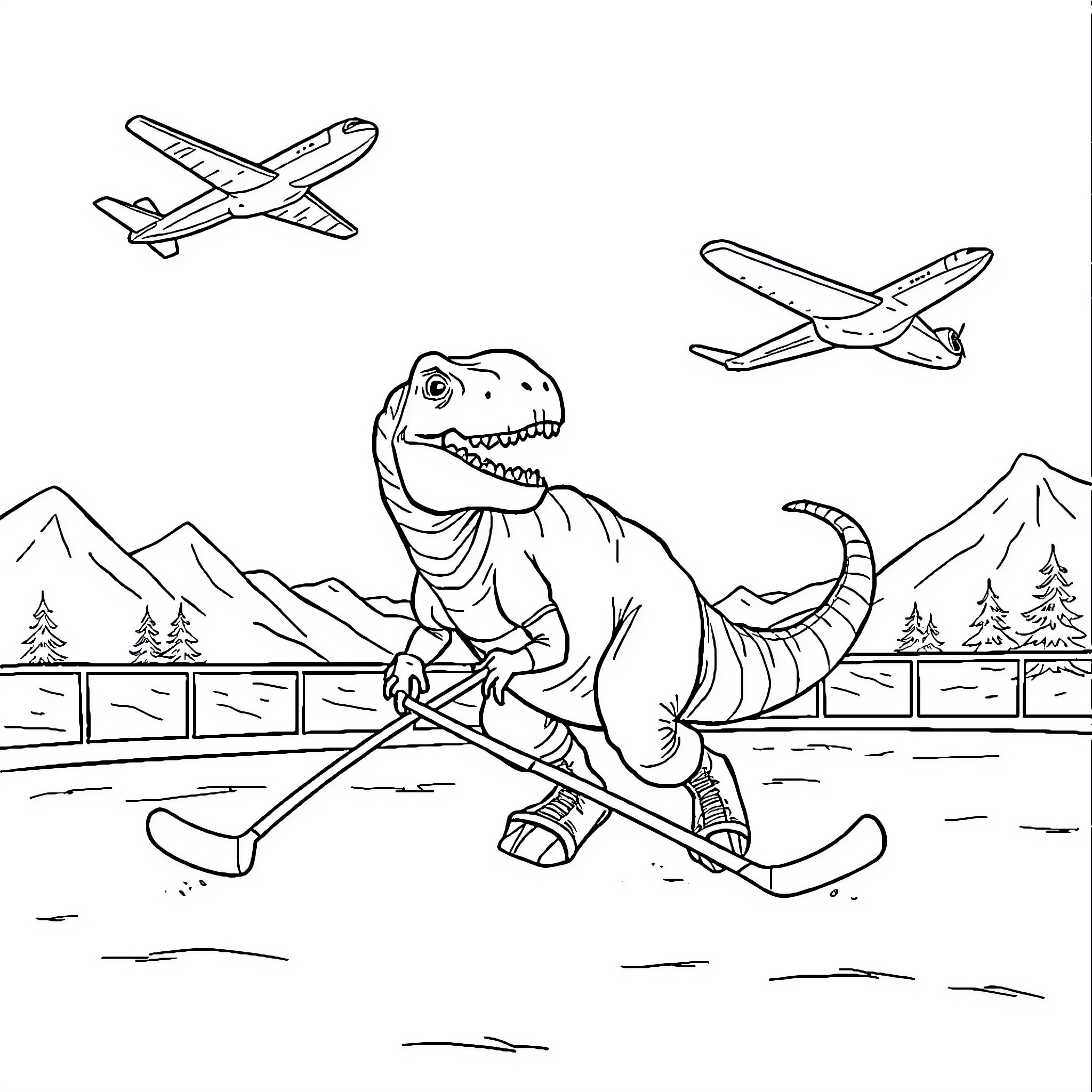 Dinosaur skiing and flying airplanes in the mountains Coloring Page (free black-and-white line drawing printable PDF for all, from beginners to advanced learners, including children, teens, adults, and seniors)