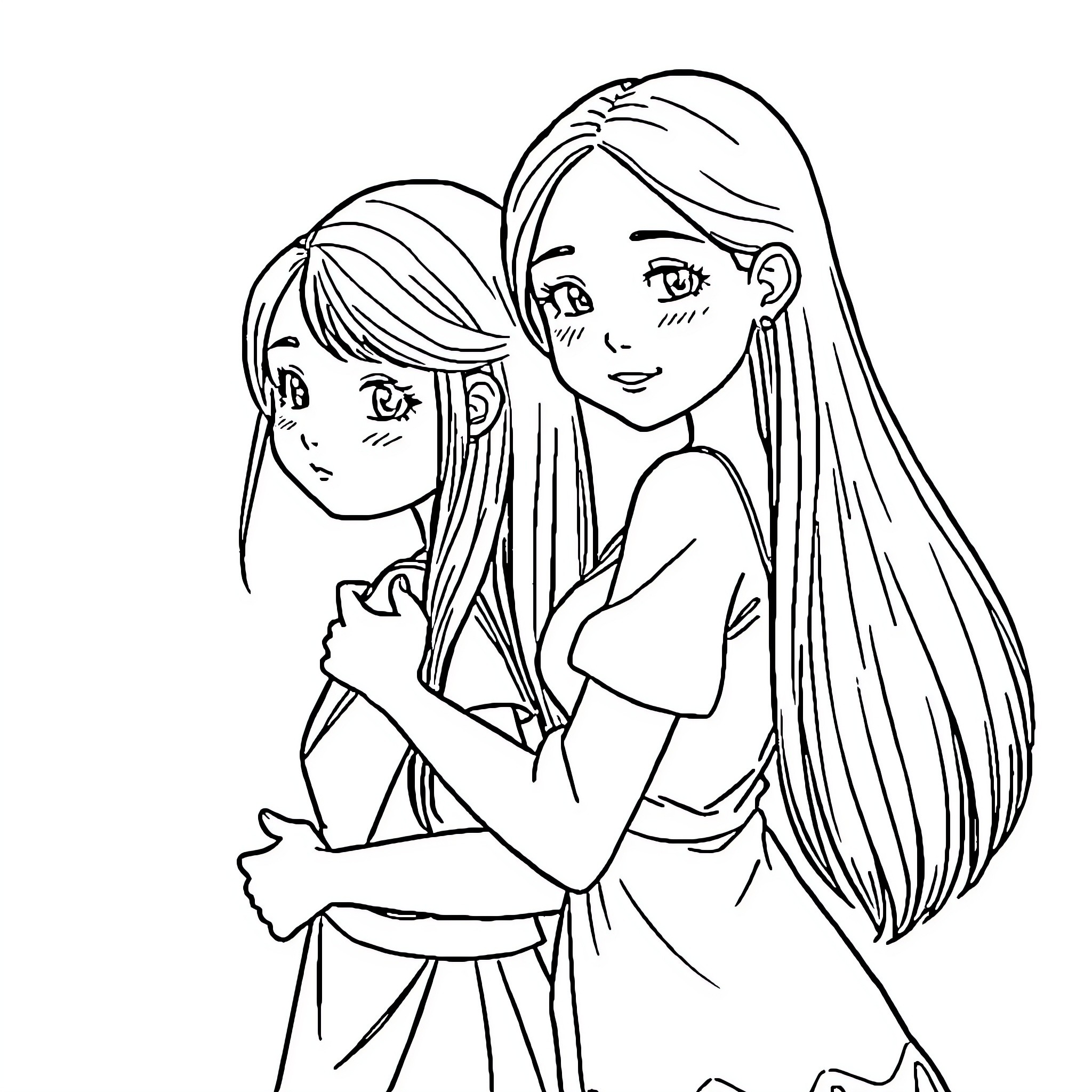 Mädchen engage in warm embrace Coloring Page (free black-and-white line drawing printable PDF for all, from beginners to advanced learners, including children, teens, adults, and seniors)