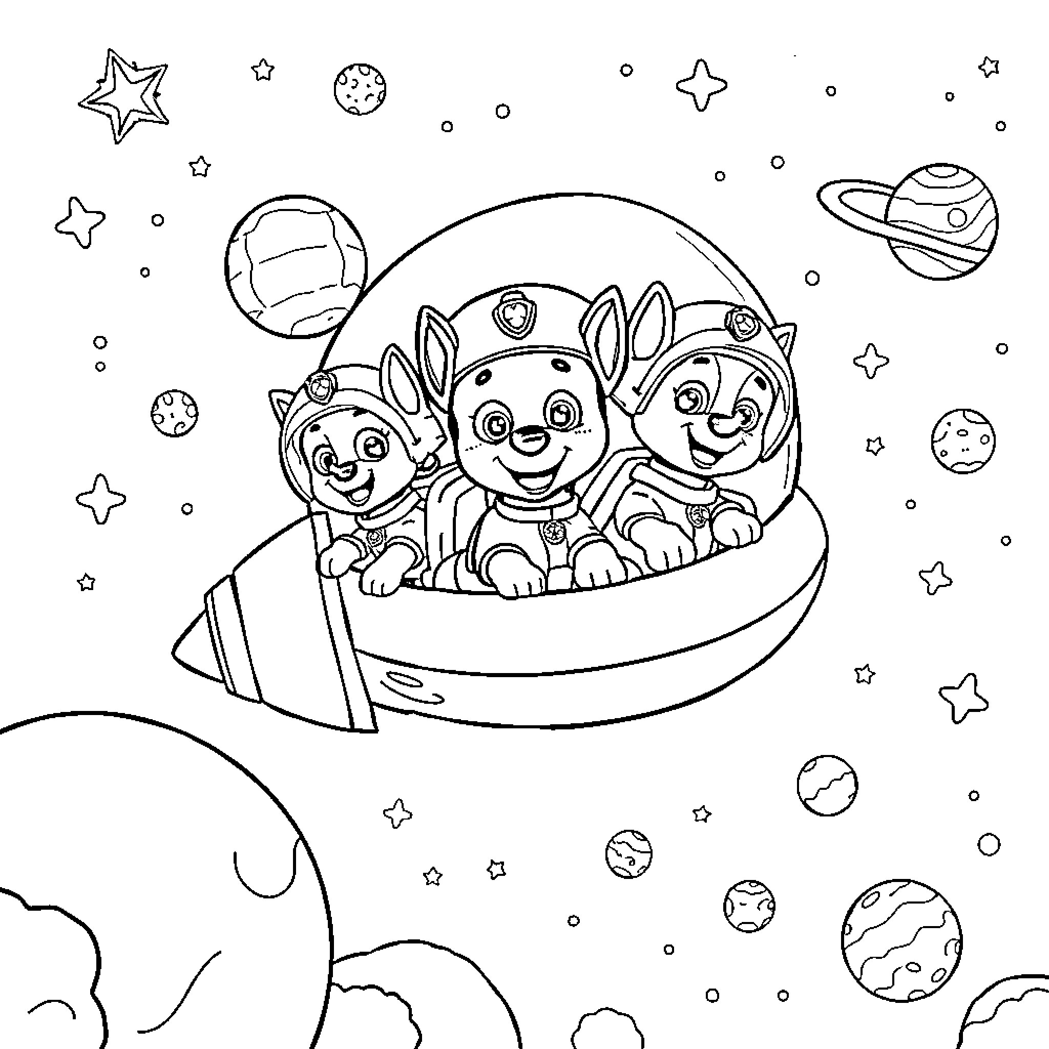 Paw Patrol Puppy Patrol in Outer Space Adventure Coloring Page (free black-and-white line drawing printable PDF for all, from beginners to advanced learners, including children, teens, adults, and seniors)