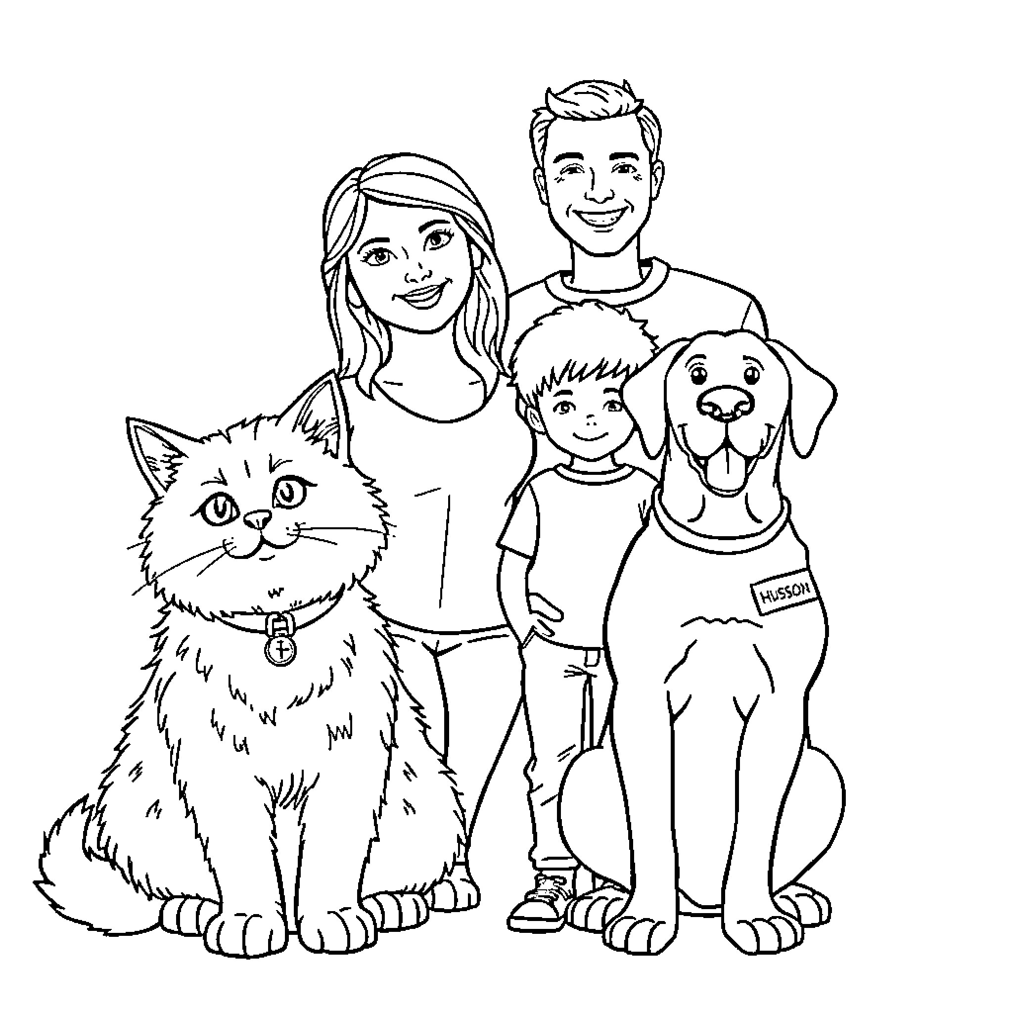 Cat and Family Enjoying Time Together Coloring Page (free black-and-white line drawing printable PDF for all, from beginners to advanced learners, including children, teens, adults, and seniors)