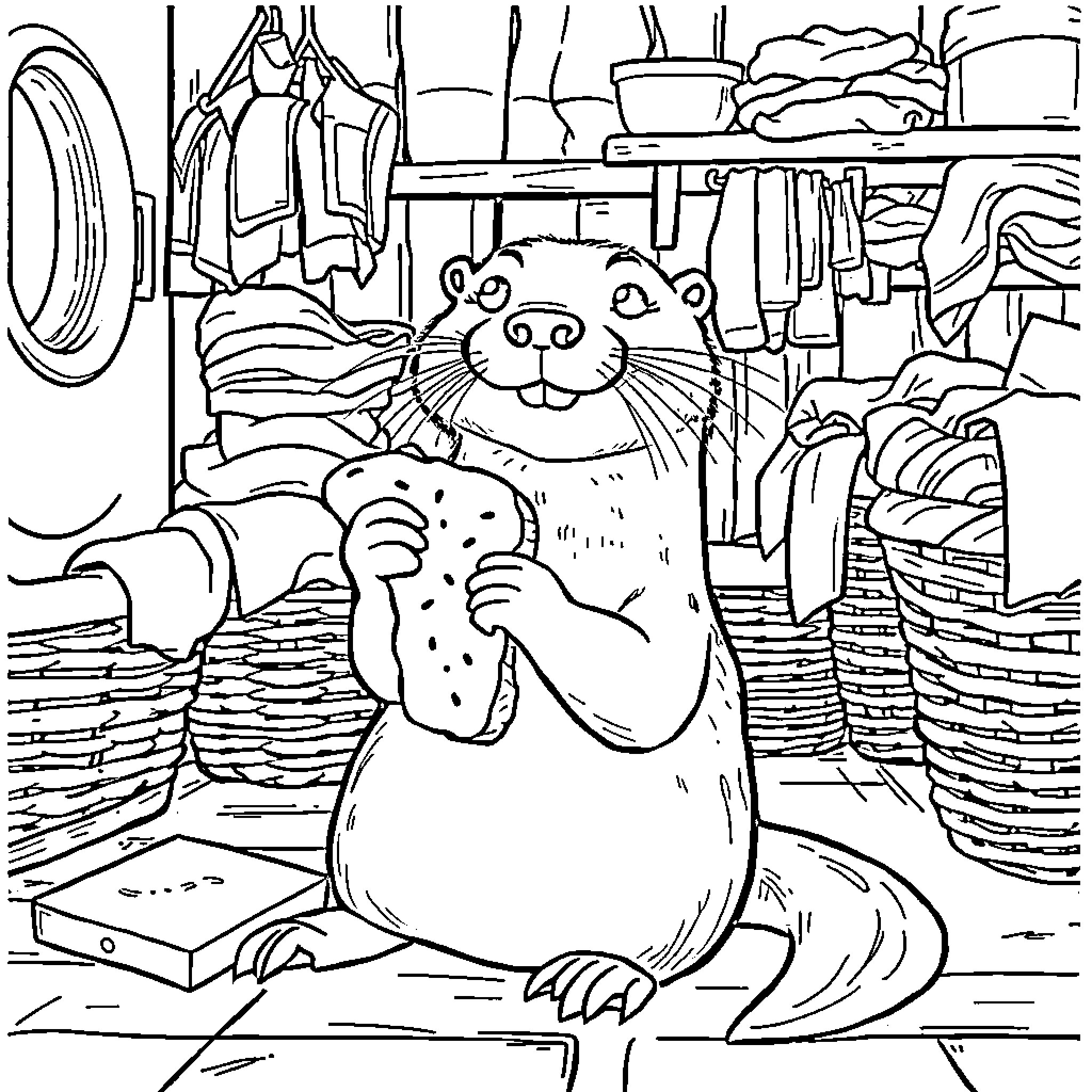 Otter exploring a cluttered closet Coloring Page (free black-and-white line drawing printable PDF for all, from beginners to advanced learners, including children, teens, adults, and seniors)
