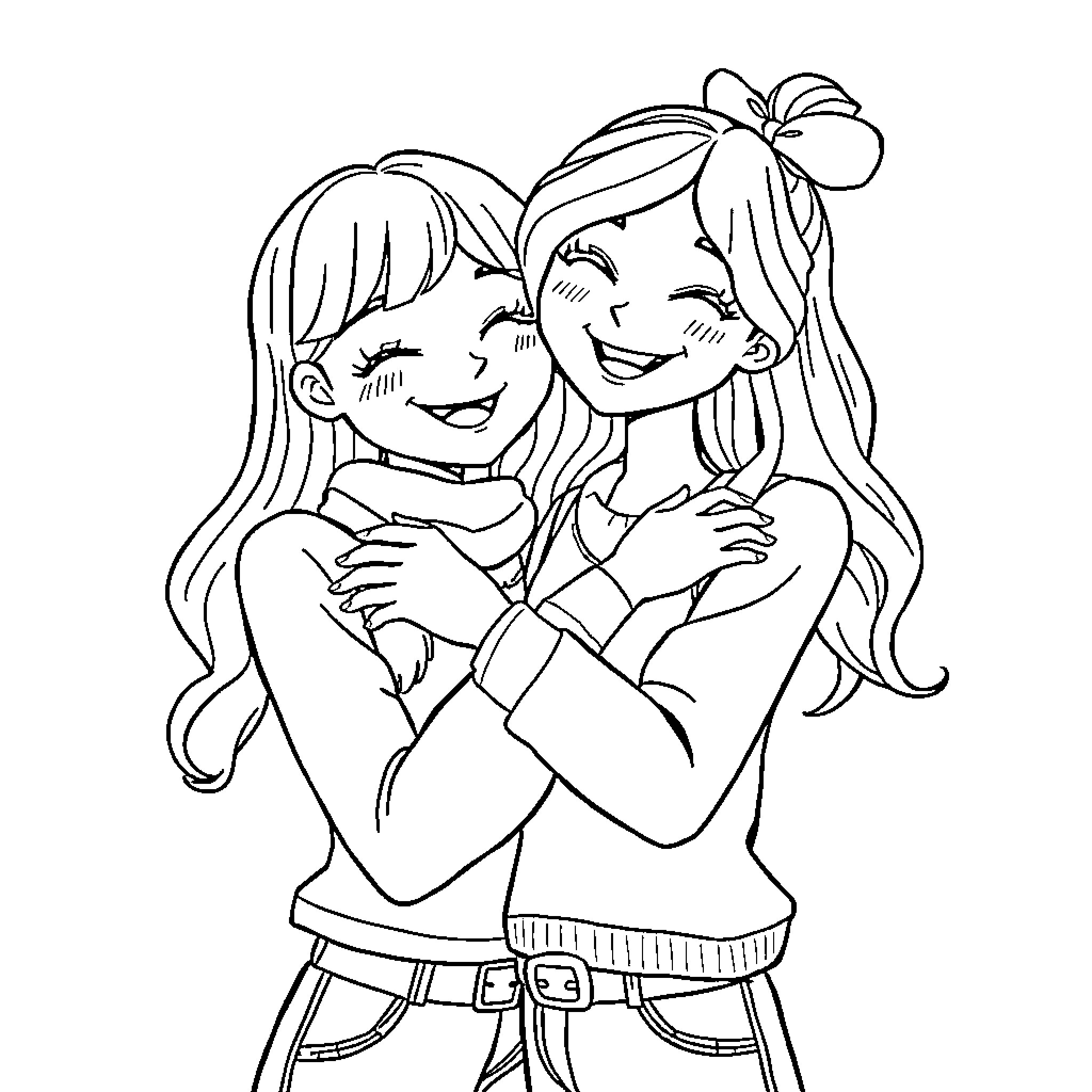Huntrix Girls Embracing and Smiling Coloring Page (free black-and-white line drawing printable PDF for all, from beginners to advanced learners, including children, teens, adults, and seniors)