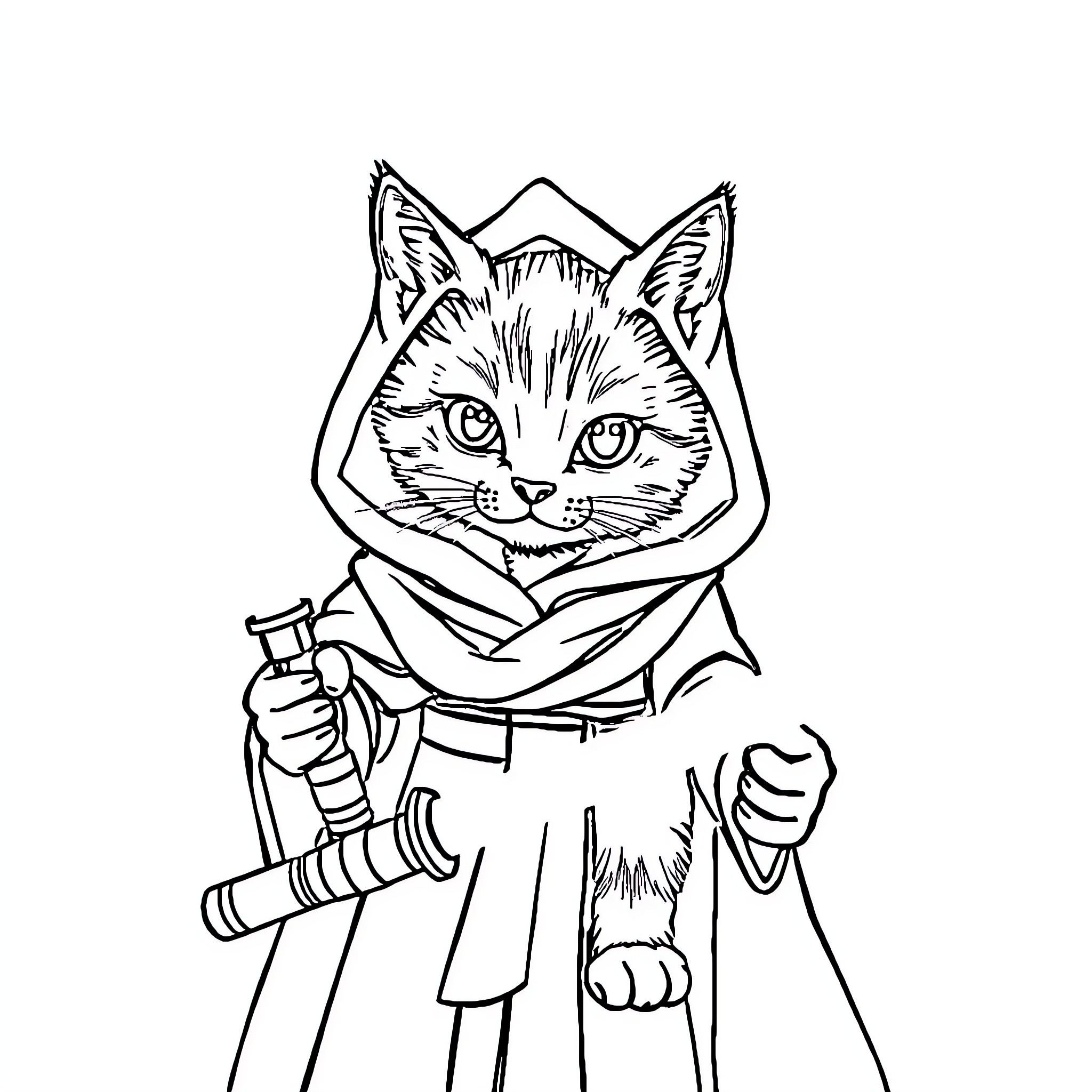 Cat Warrior in Samurai Outfit with Sword Coloring Page (free black-and-white line drawing printable PDF for all, from beginners to advanced learners, including children, teens, adults, and seniors)