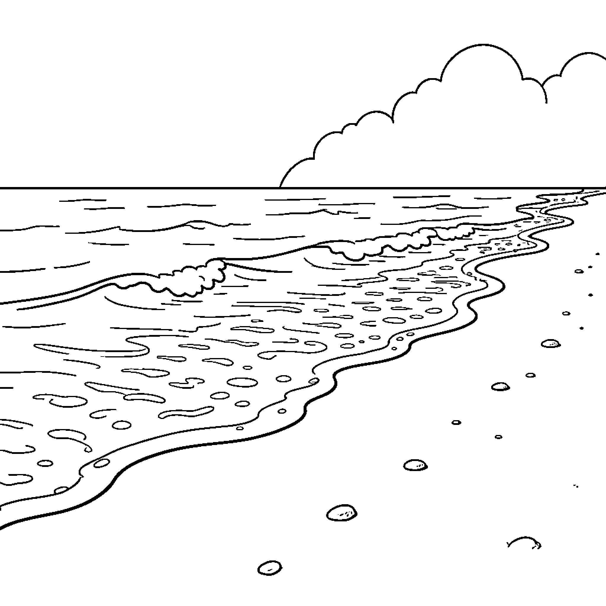 Beach waves gently washing onto the sandy shore Coloring Page (free black-and-white line drawing printable PDF for all, from beginners to advanced learners, including children, teens, adults, and seniors)