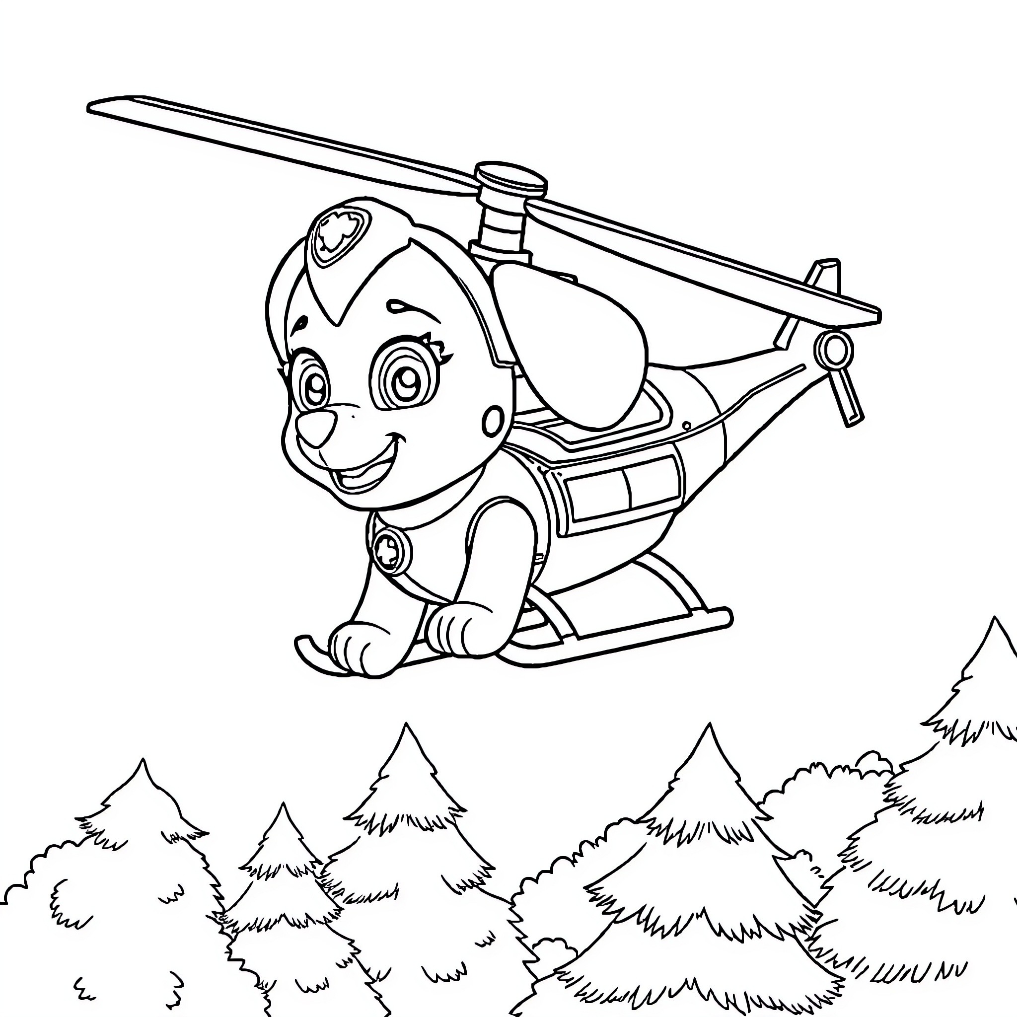 Skye's Helicopter Adventure in the Forest Coloring Page (free black-and-white line drawing printable PDF for all, from beginners to advanced learners, including children, teens, adults, and seniors)