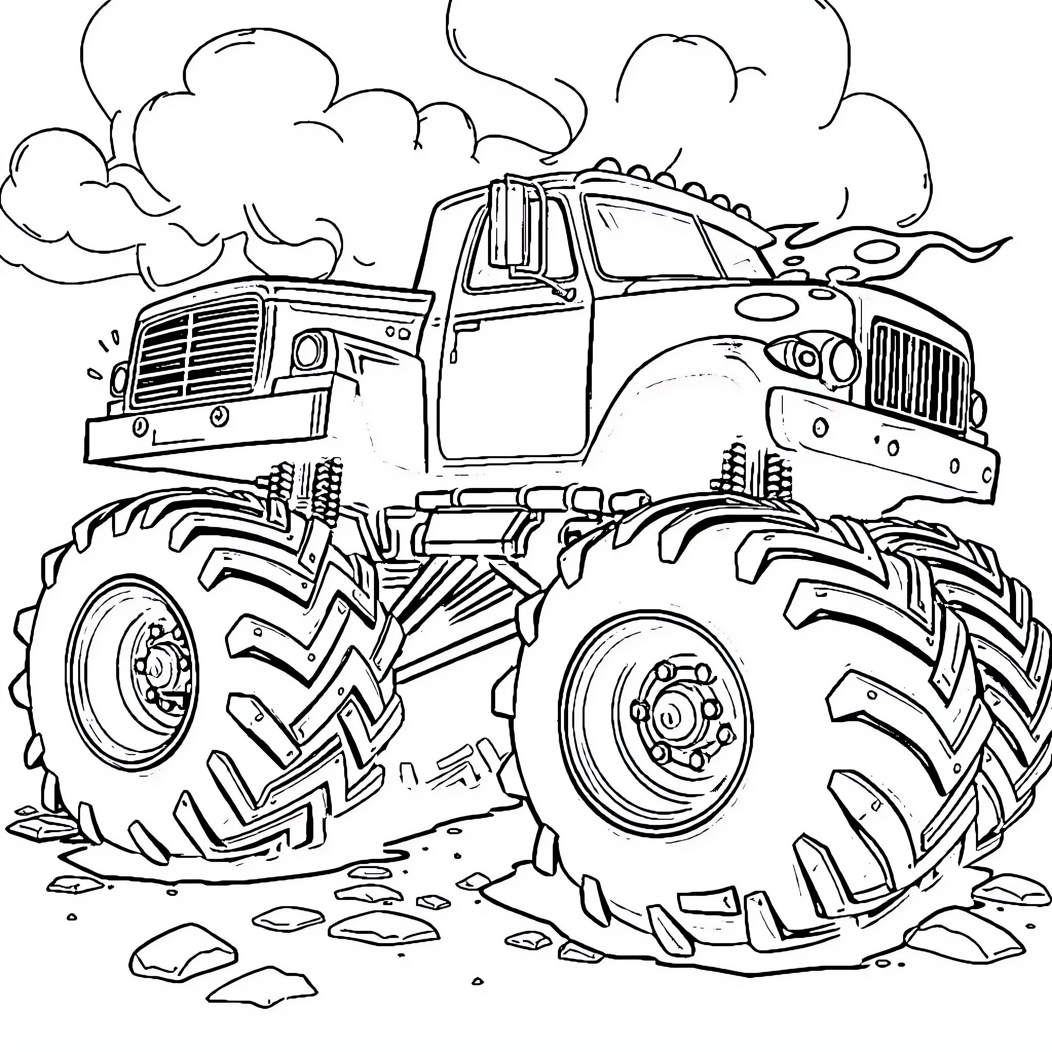 Truck speeding through muddy terrain Coloring Page (free black-and-white line drawing printable PDF for all, from beginners to advanced learners, including children, teens, adults, and seniors)