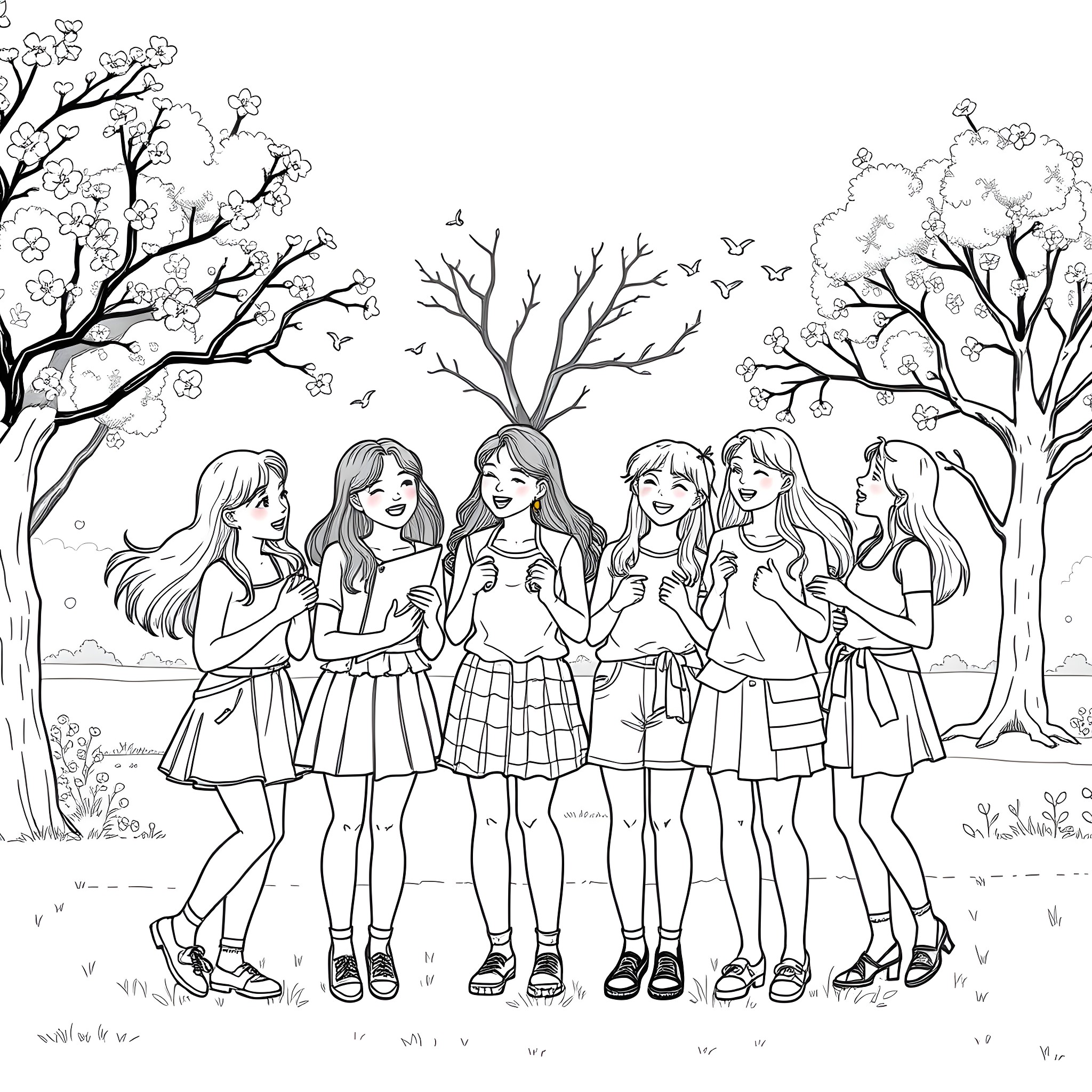 Girls enjoying the scenery in a park Coloring Page (free black-and-white line drawing printable PDF for all, from beginners to advanced learners, including children, teens, adults, and seniors)