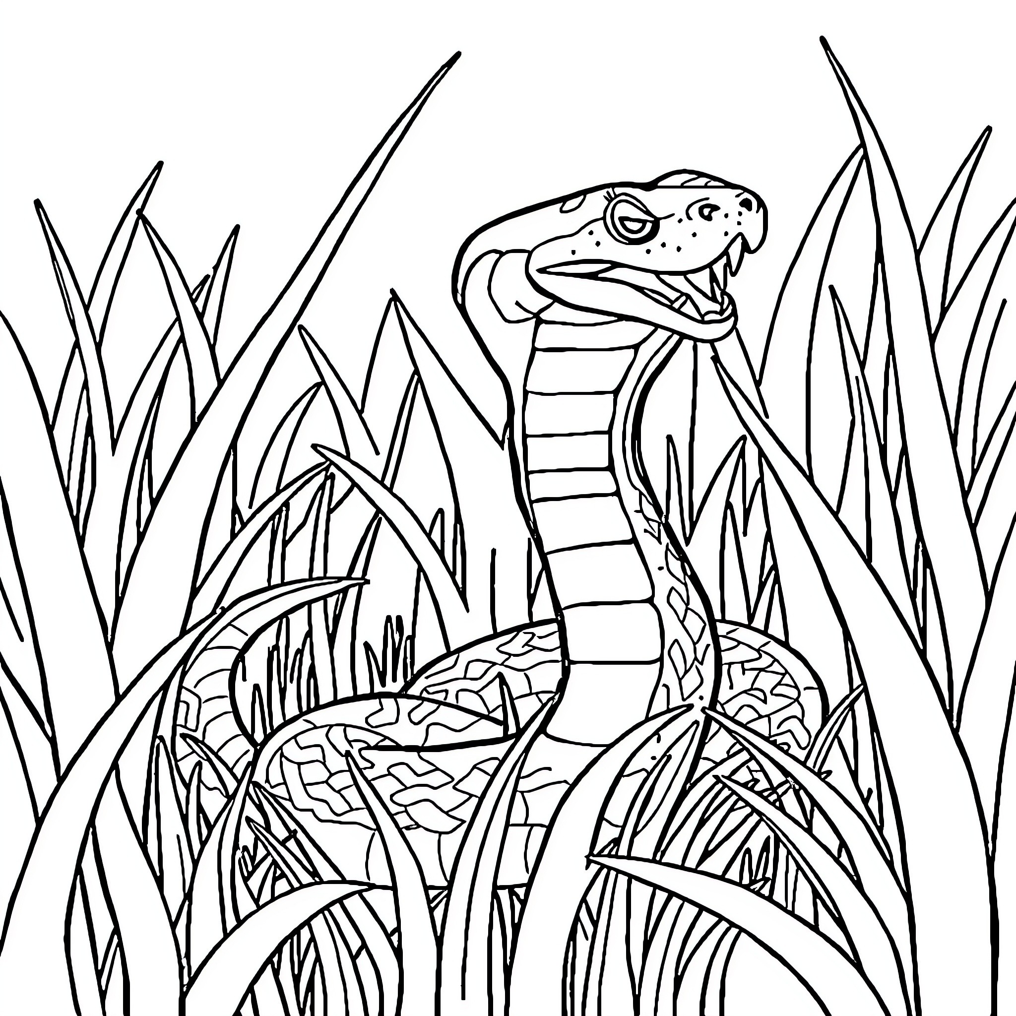 Snake slithering through tall grass Coloring Page (free black-and-white line drawing printable PDF for all, from beginners to advanced learners, including children, teens, adults, and seniors)