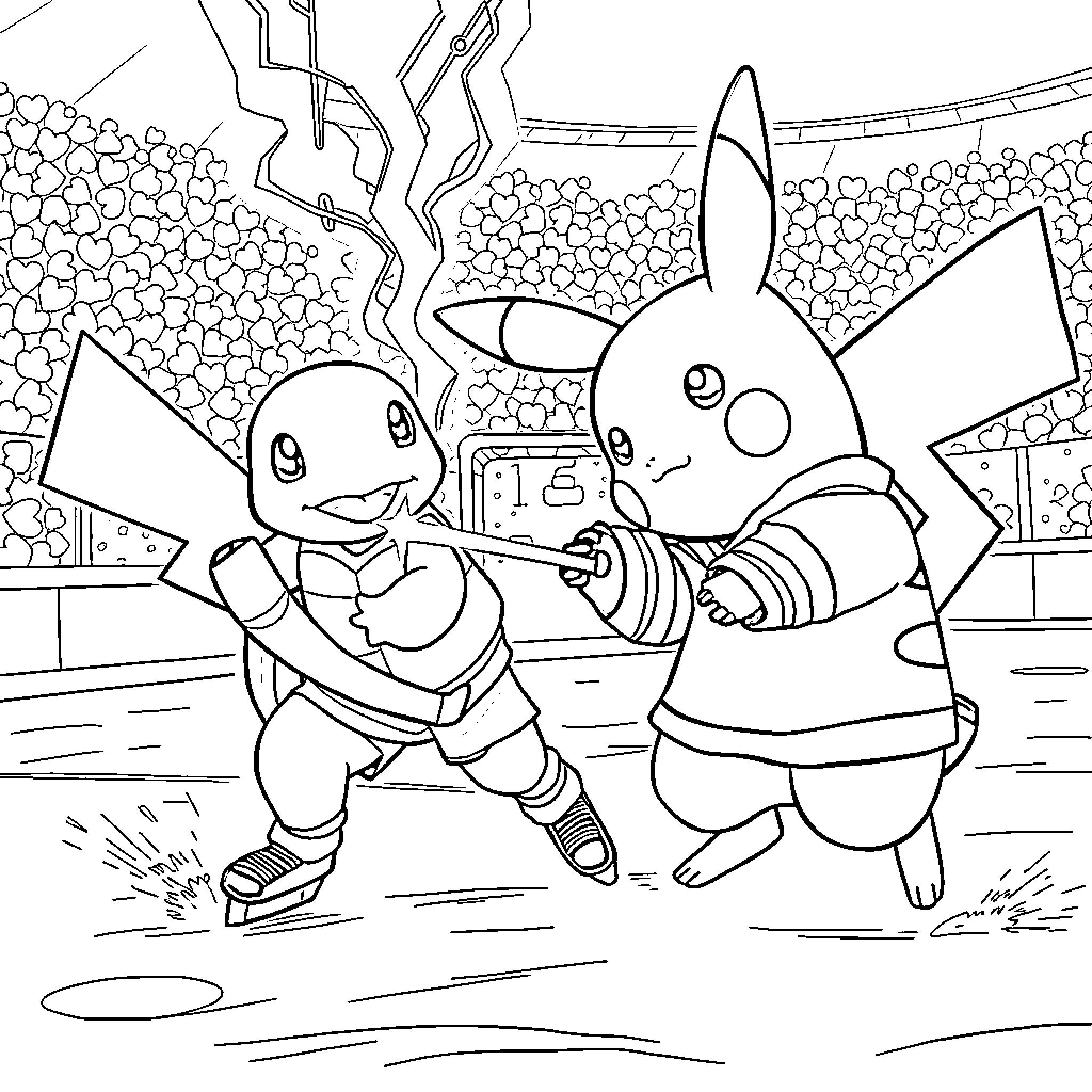 Pikachu and Squirtle playing together in the stadium Coloring Page (free black-and-white line drawing printable PDF for all, from beginners to advanced learners, including children, teens, adults, and seniors)
