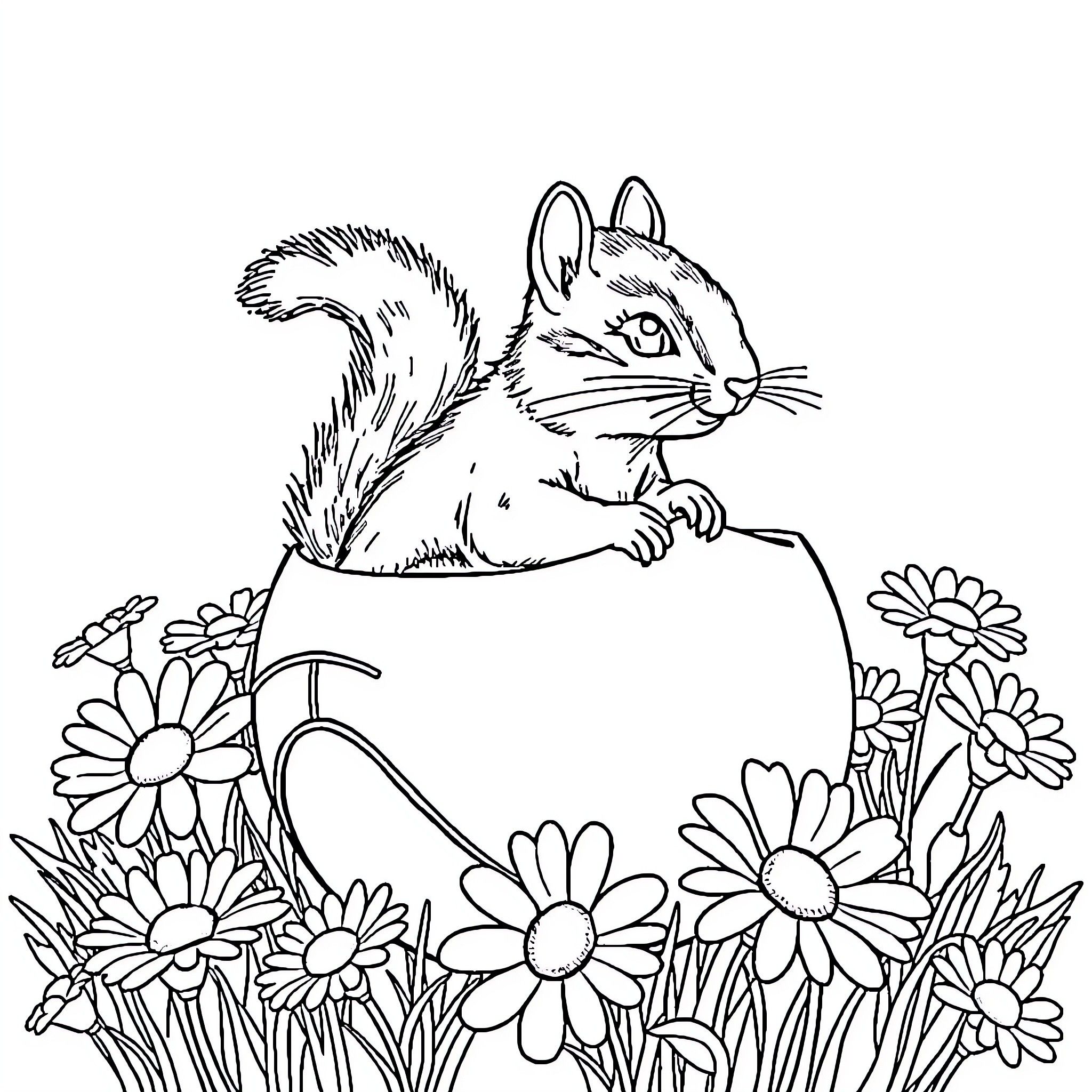 Squirrel peeking out from floral garden Coloring Page (free black-and-white line drawing printable PDF for all, from beginners to advanced learners, including children, teens, adults, and seniors)