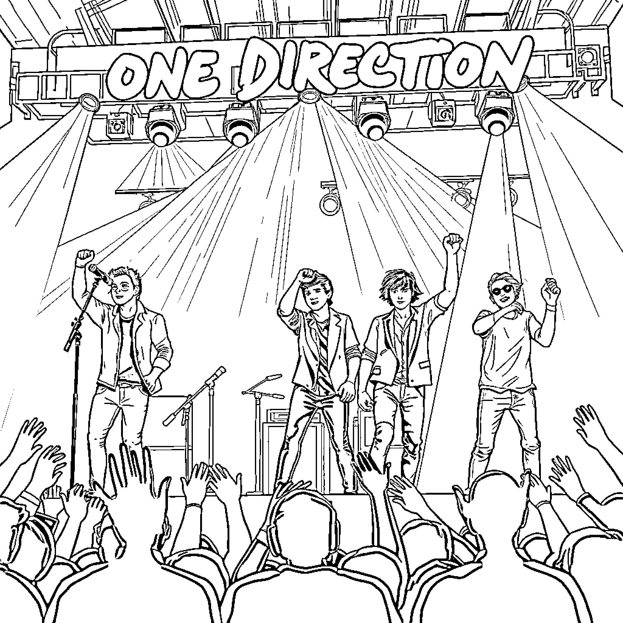 One Direction Performing on Stage Coloring Page (free black-and-white line drawing printable PDF for all, from beginners to advanced learners, including children, teens, adults, and seniors)