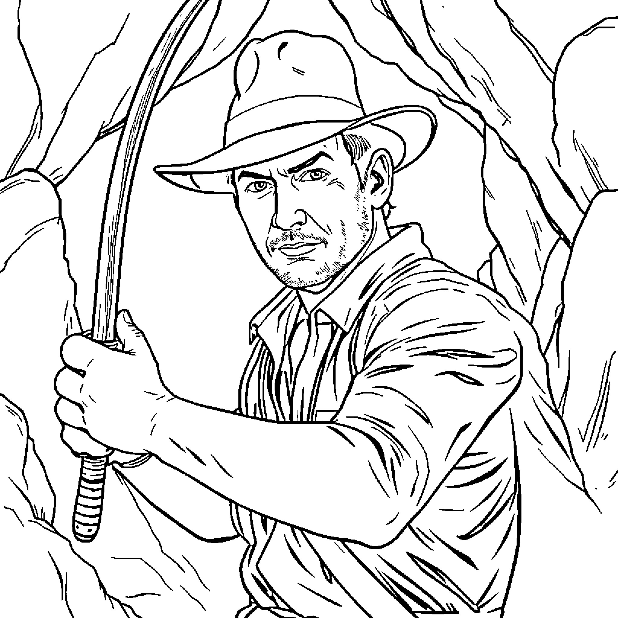 Indiana Jones adventuring through a jungle landscape Coloring Page (free black-and-white line drawing printable PDF for all, from beginners to advanced learners, including children, teens, adults, and seniors)