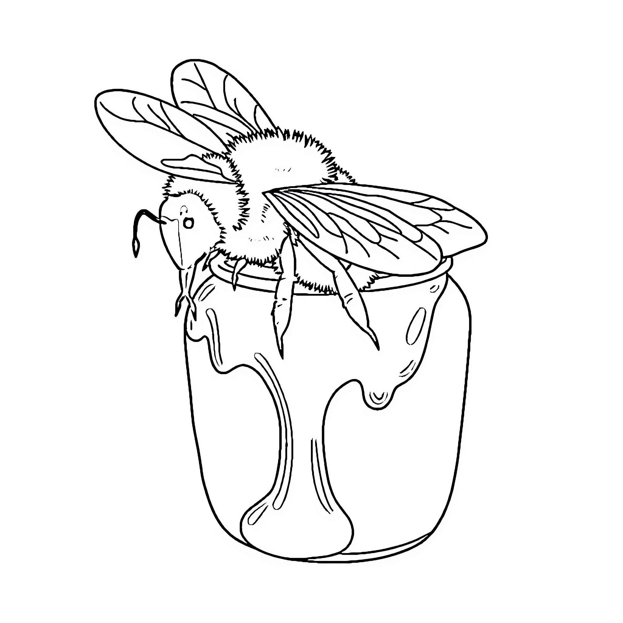 Bee perched on jar with outstretched wings Coloring Page (free black-and-white line drawing printable PDF for all, from beginners to advanced learners, including children, teens, adults, and seniors)