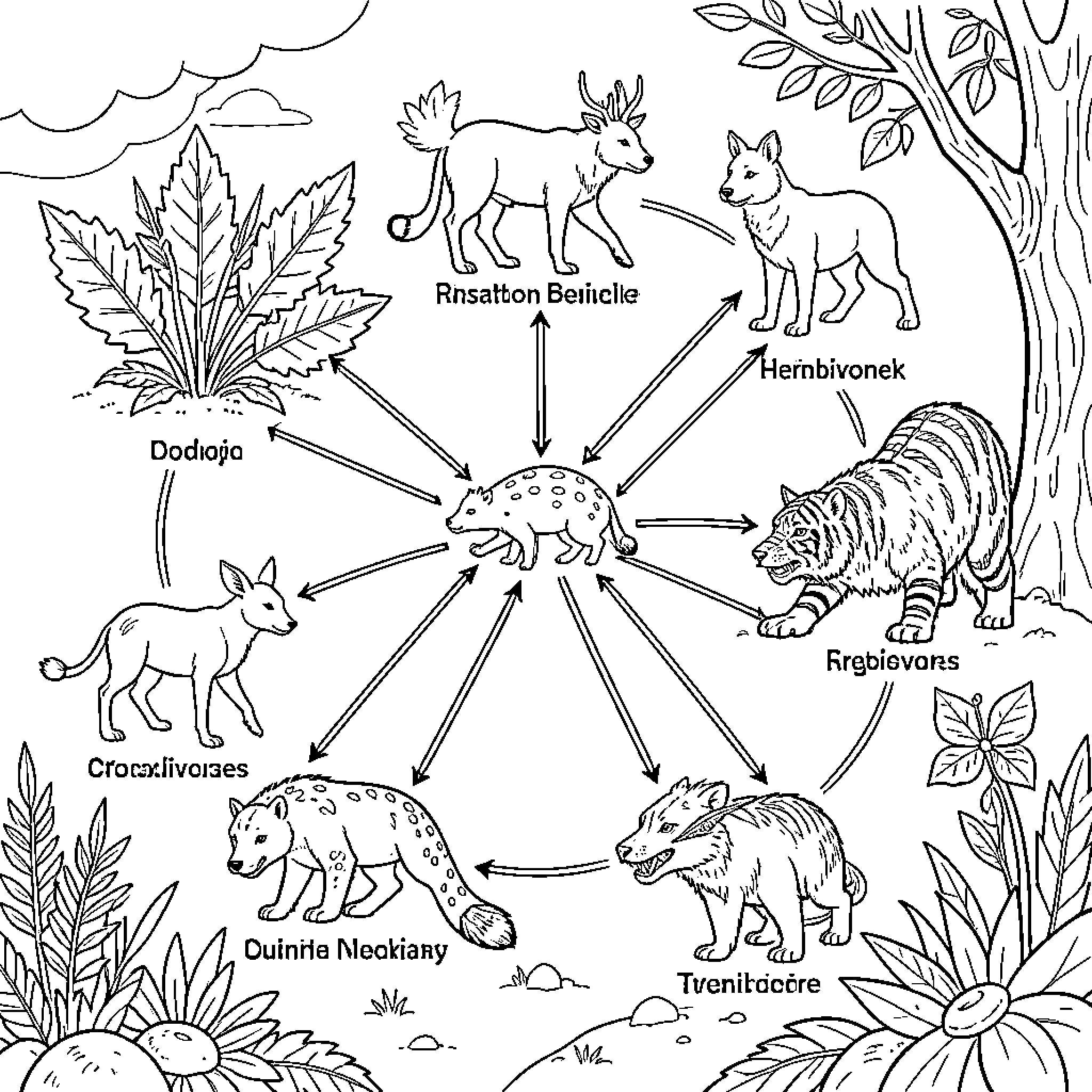 Organism interacting within a complex food web ecosystem Coloring Page (free black-and-white line drawing printable PDF for all, from beginners to advanced learners, including children, teens, adults, and seniors)