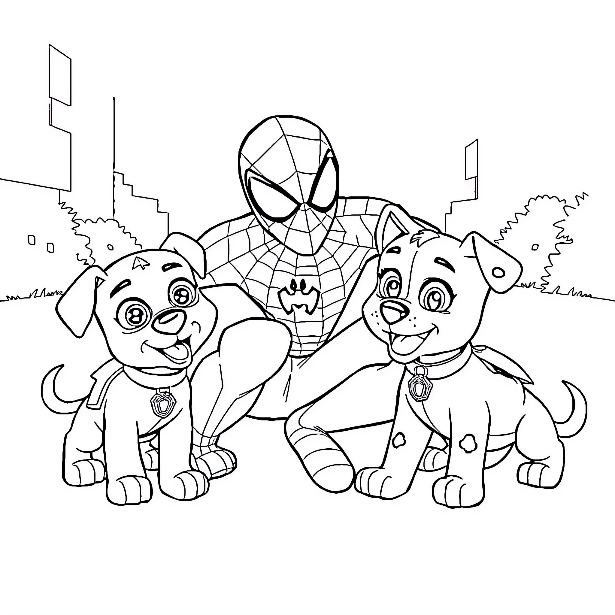 Spiderman and his Puppy Sidekicks on Adventure Coloring Page (free black-and-white line drawing printable PDF for all, from beginners to advanced learners, including children, teens, adults, and seniors)