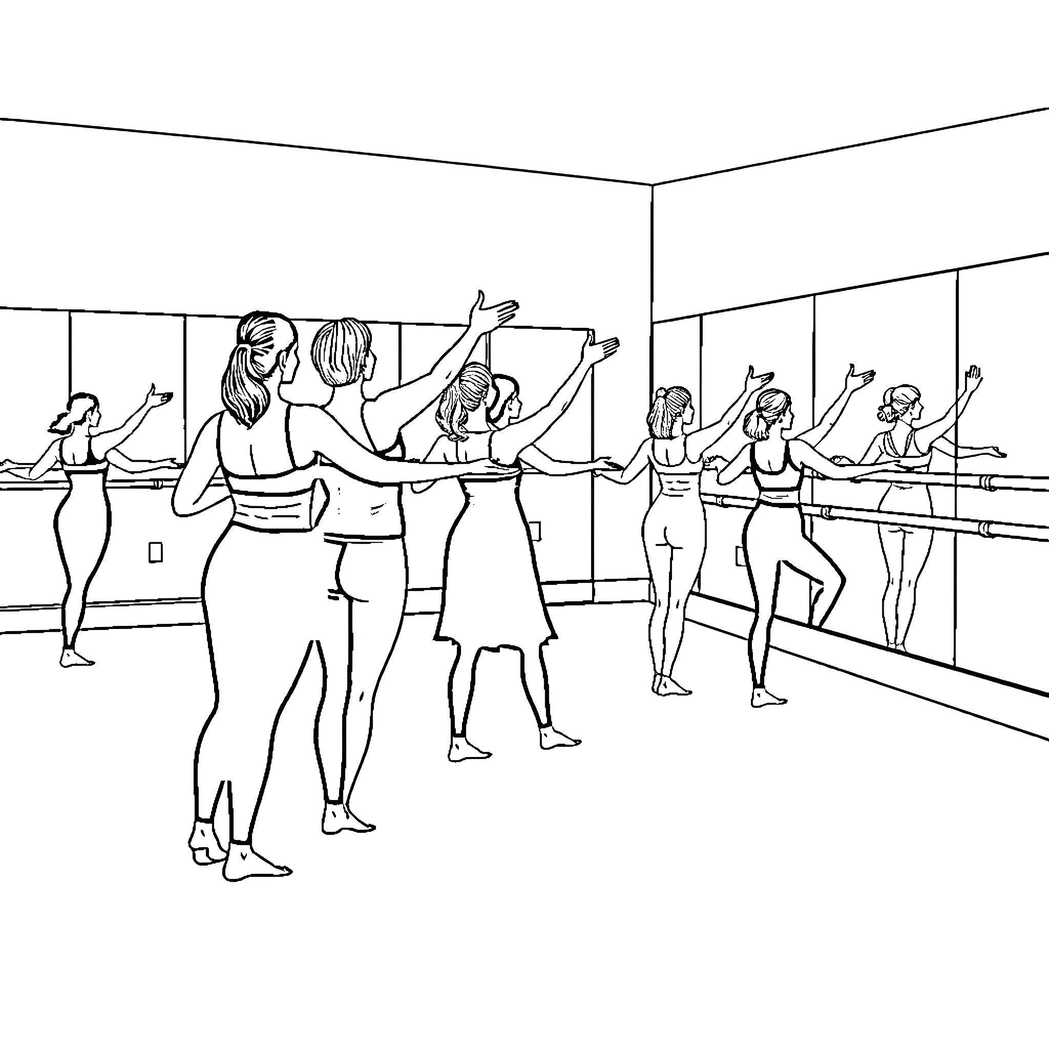 Barre Class Workout with Focused Participants Coloring Page (free black-and-white line drawing printable PDF for all, from beginners to advanced learners, including children, teens, adults, and seniors)