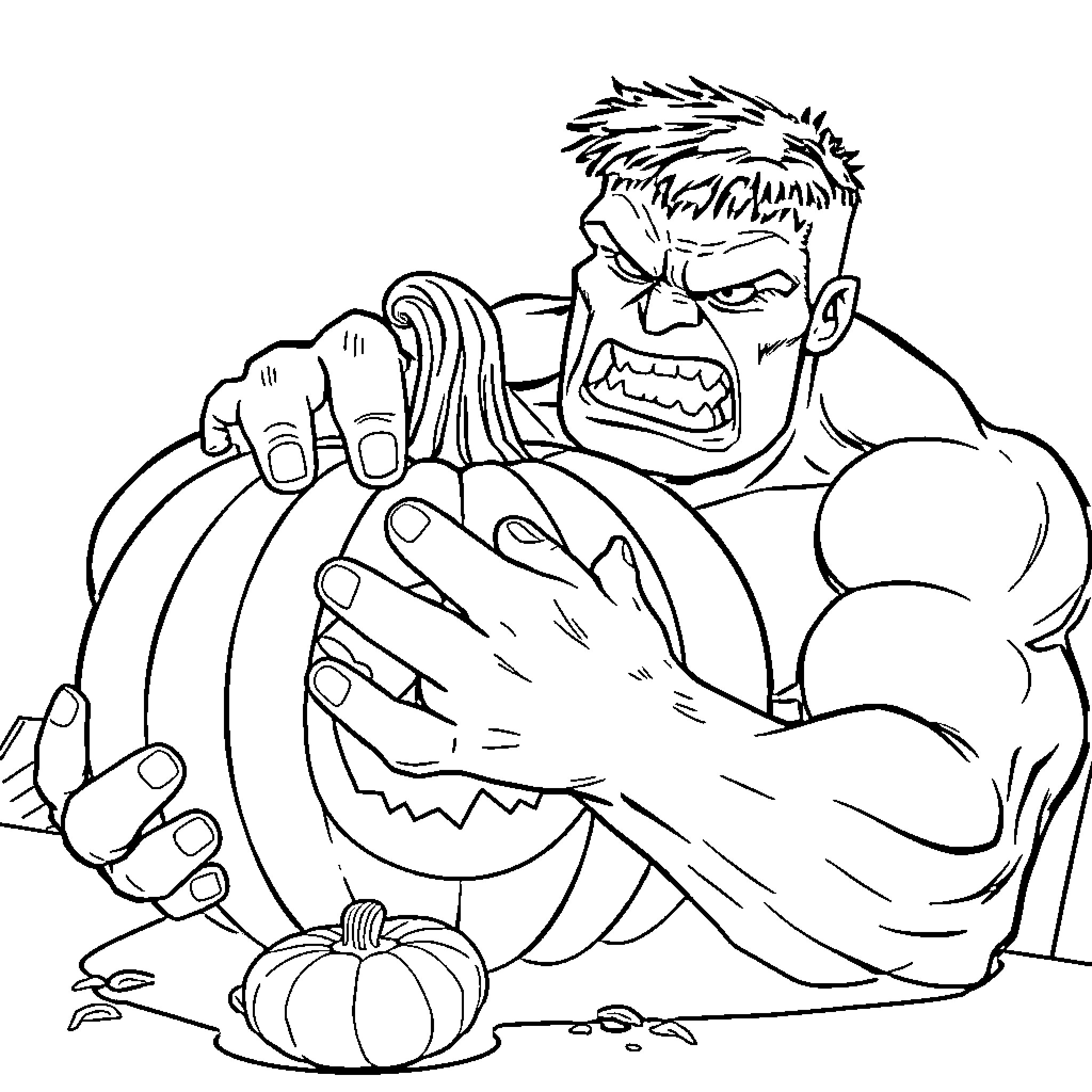 Hulk Smashing Pumpkin in Rage Coloring Page (free black-and-white line drawing printable PDF for all, from beginners to advanced learners, including children, teens, adults, and seniors)