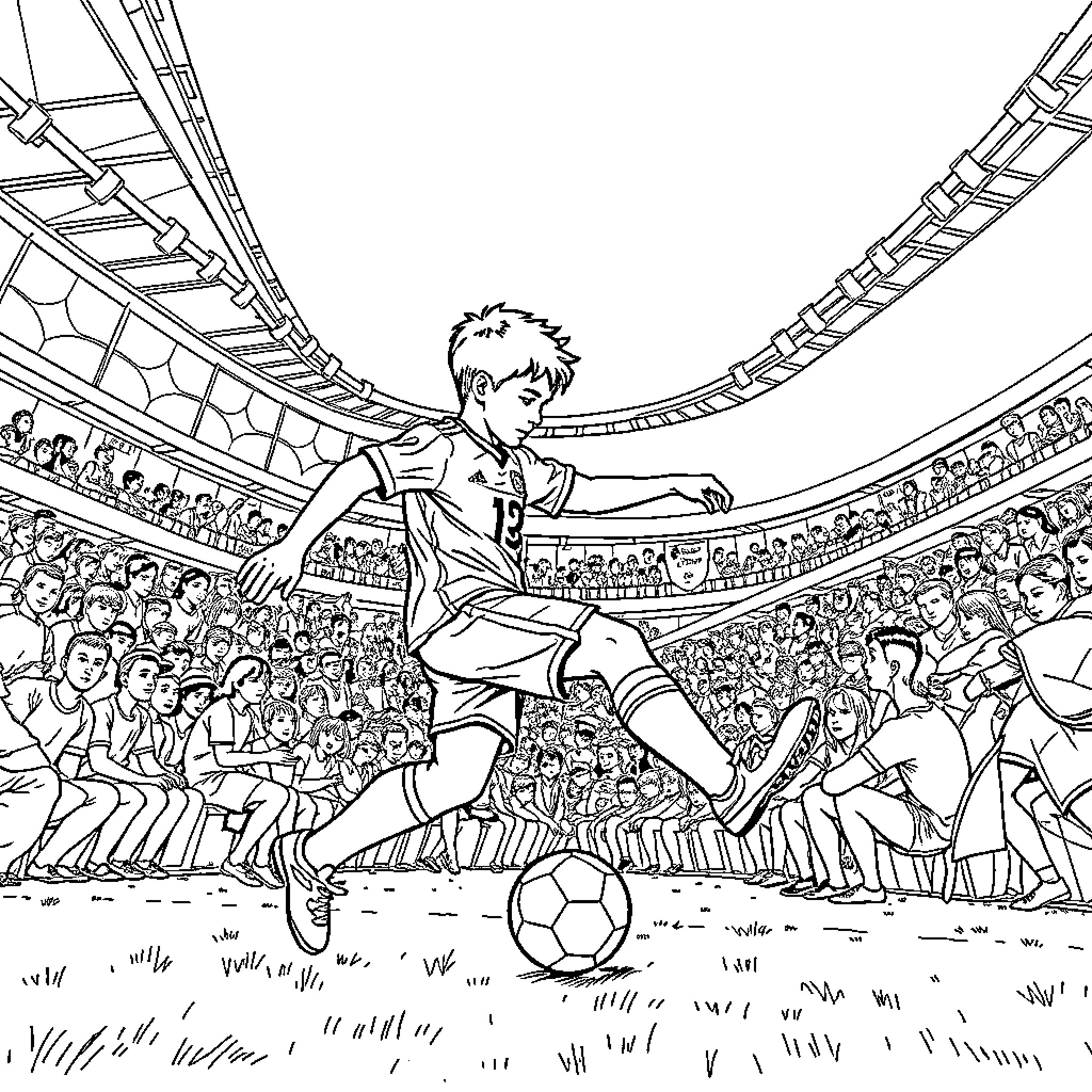 Boy playing soccer in a crowded stadium Coloring Page (free black-and-white line drawing printable PDF for all, from beginners to advanced learners, including children, teens, adults, and seniors)
