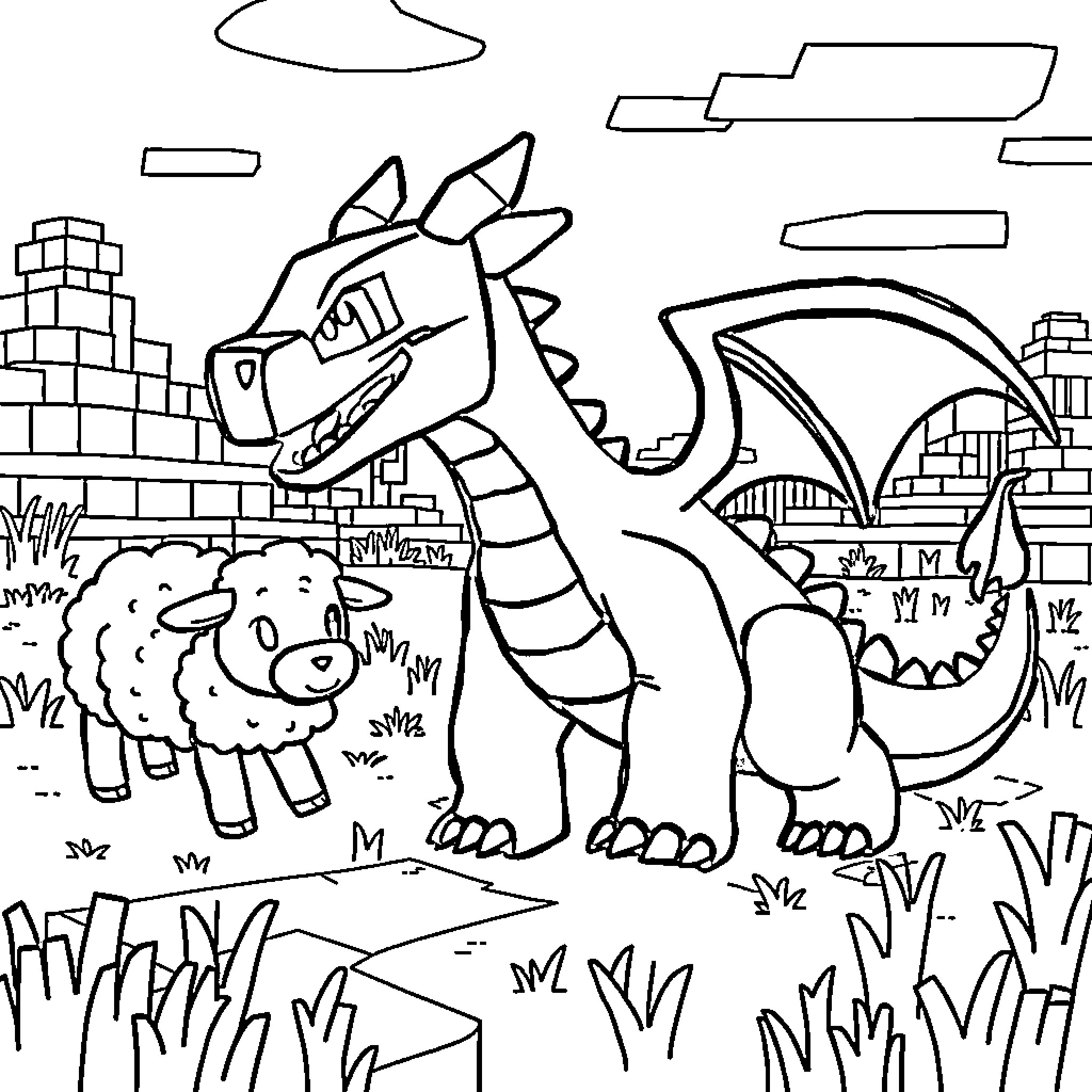 Baby Enderdragon and Sheep in Blocky Landscape Coloring Page (free black-and-white line drawing printable PDF for all, from beginners to advanced learners, including children, teens, adults, and seniors)