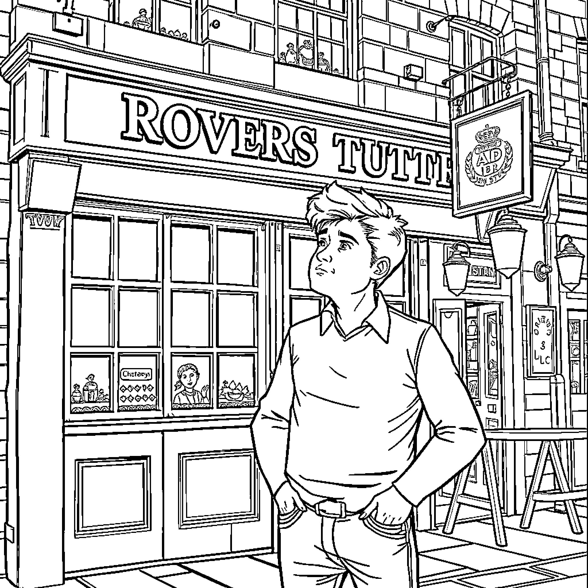 Chesney admiring the famous Rovers Tutti storefront Coloring Page (free black-and-white line drawing printable PDF for all, from beginners to advanced learners, including children, teens, adults, and seniors)