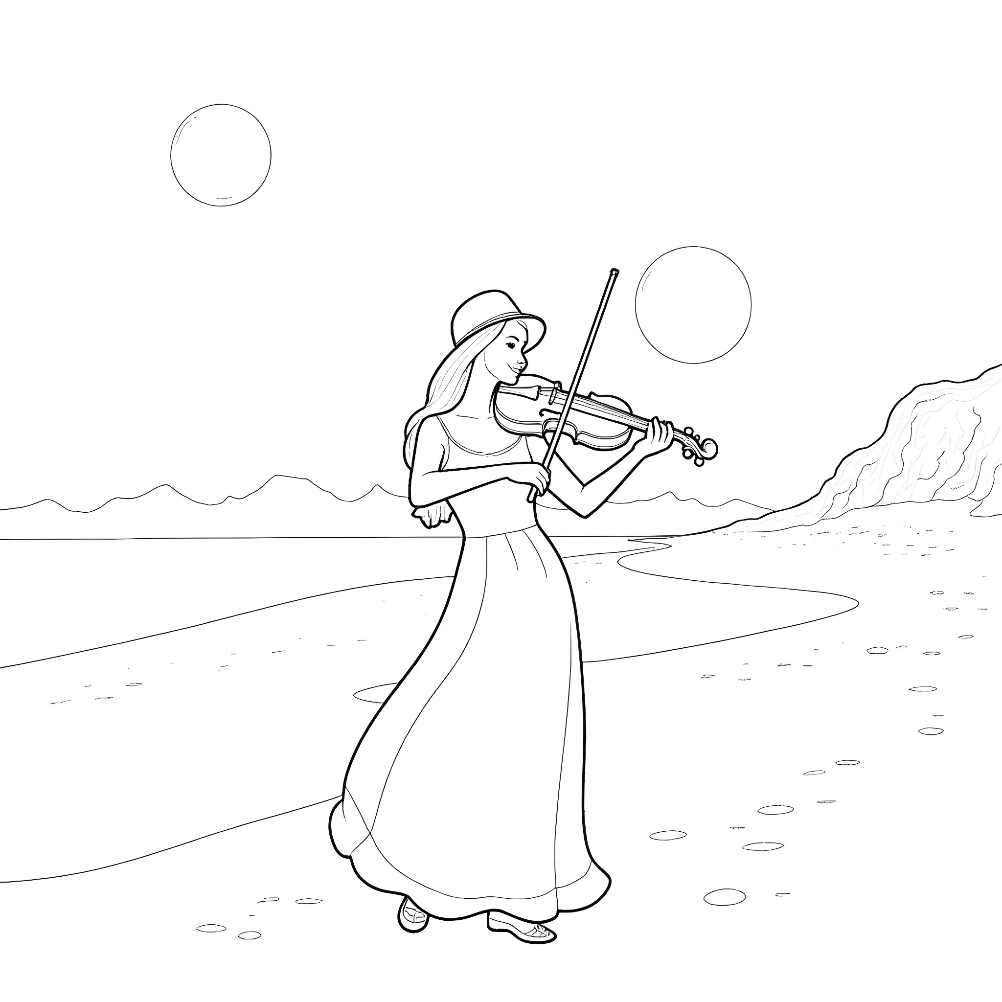 Woman playing violin in a serene landscape Coloring Page (free black-and-white line drawing printable PDF for all, from beginners to advanced learners, including children, teens, adults, and seniors)