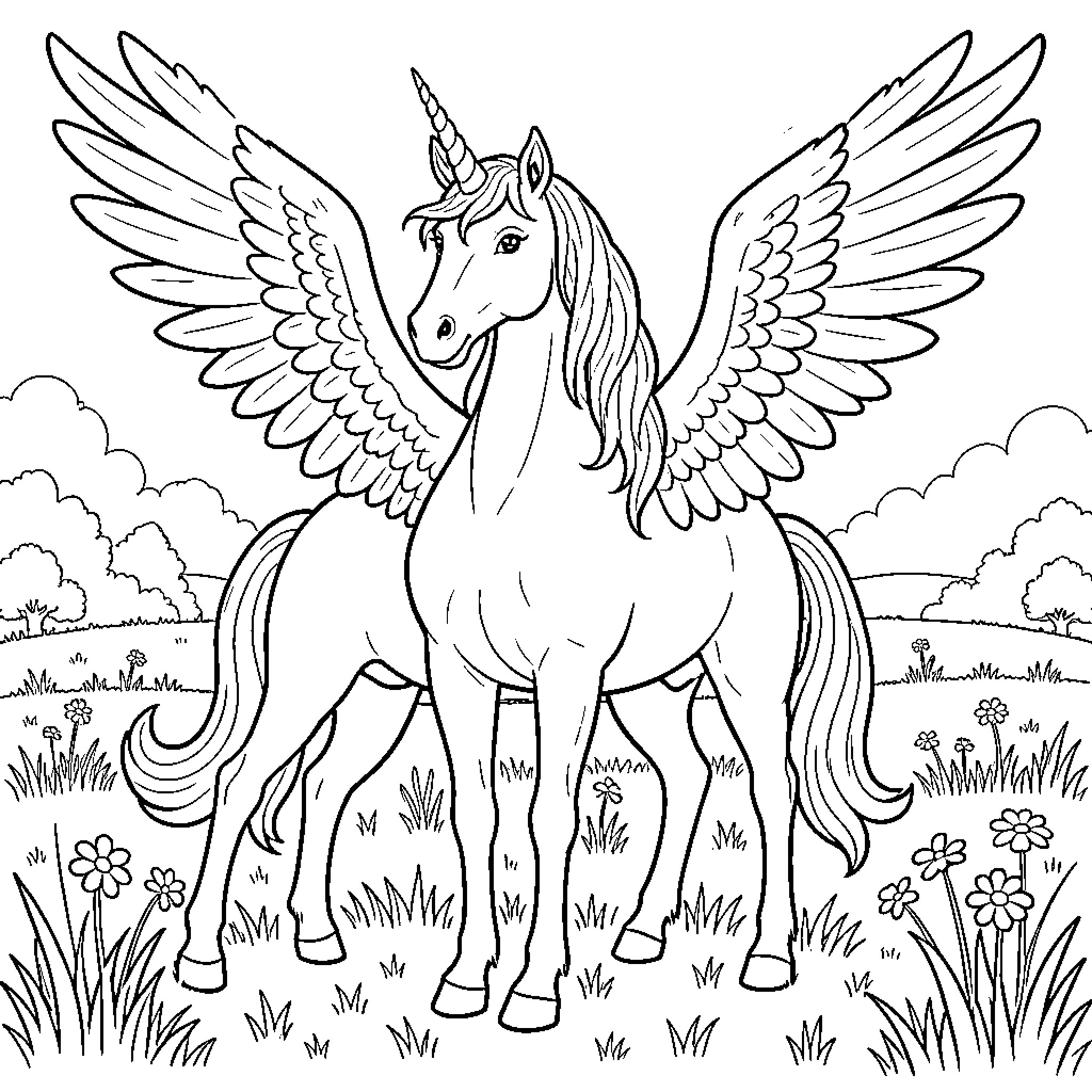 Unicorn standing majestically in a flowery meadow Coloring Page (free black-and-white line drawing printable PDF for all, from beginners to advanced learners, including children, teens, adults, and seniors)