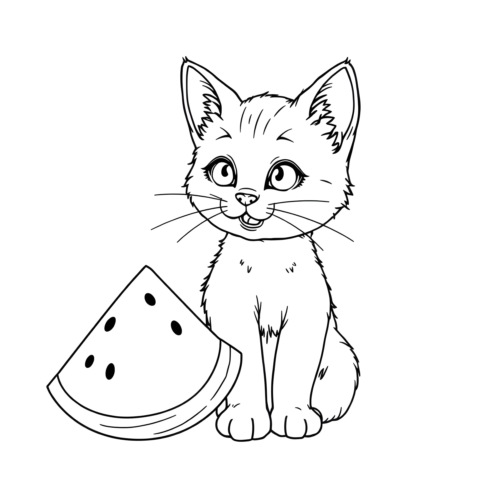 Cat with Watermelon Slice Coloring Page (free black-and-white line drawing printable PDF for all, from beginners to advanced learners, including children, teens, adults, and seniors)