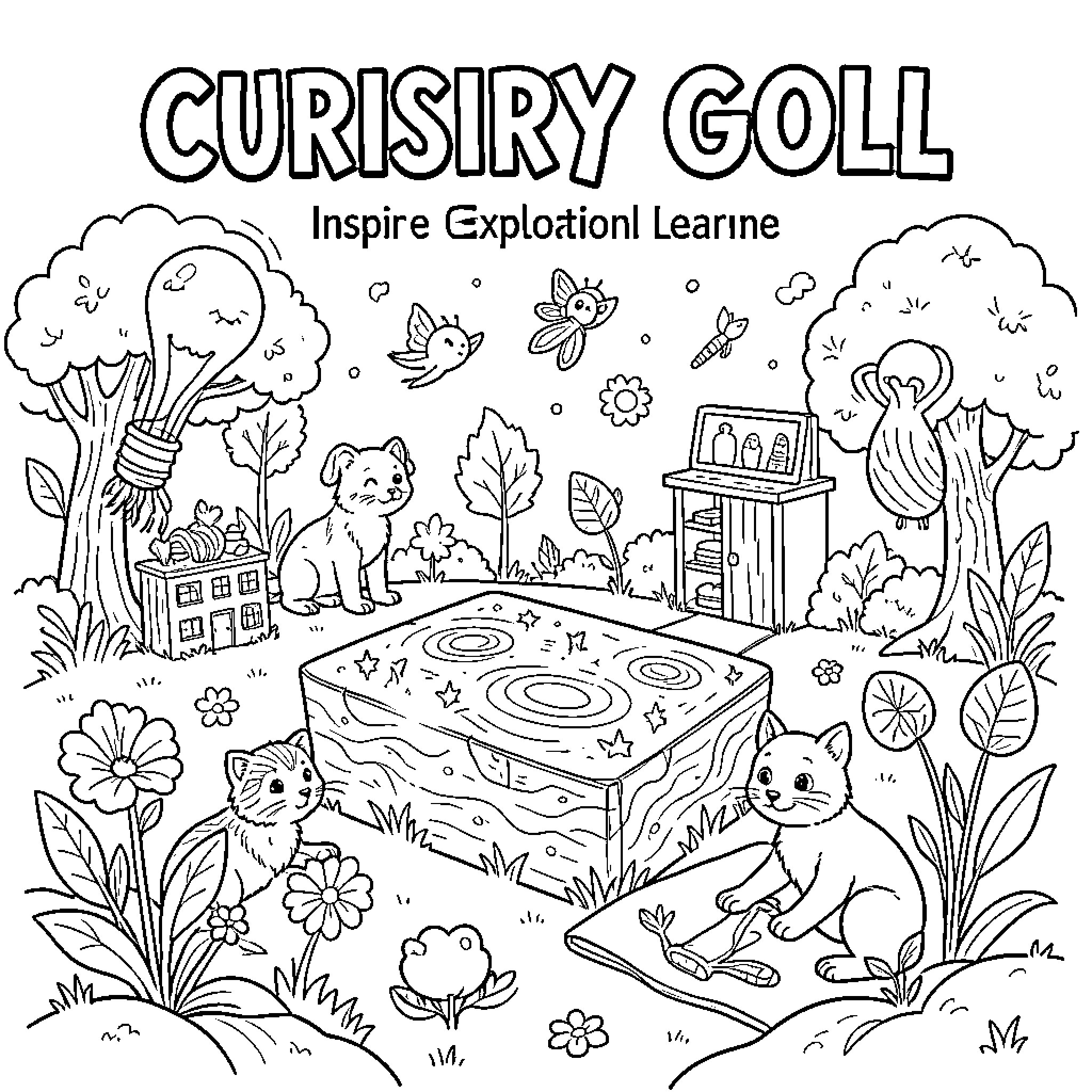 Curiosity of Playful Creatures in the Nature Coloring Page (free black-and-white line drawing printable PDF for all, from beginners to advanced learners, including children, teens, adults, and seniors)