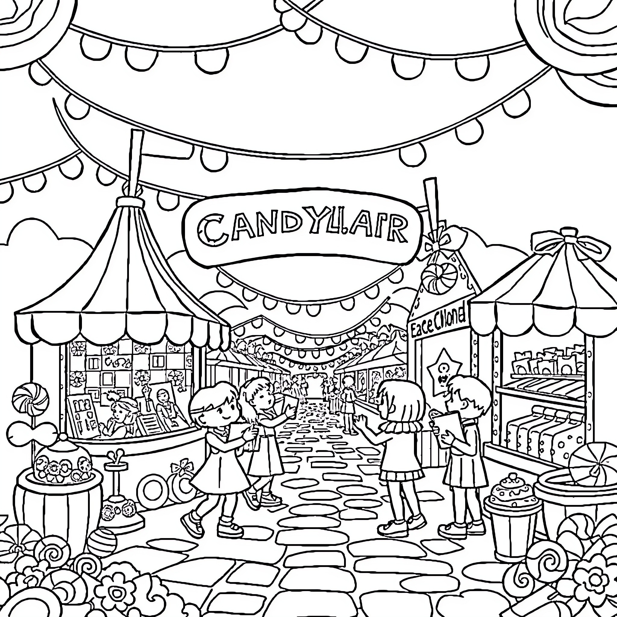 Candyland: Festive carnival with cheerful people and shops Coloring Page (free black-and-white line drawing printable PDF for all, from beginners to advanced learners, including children, teens, adults, and seniors)