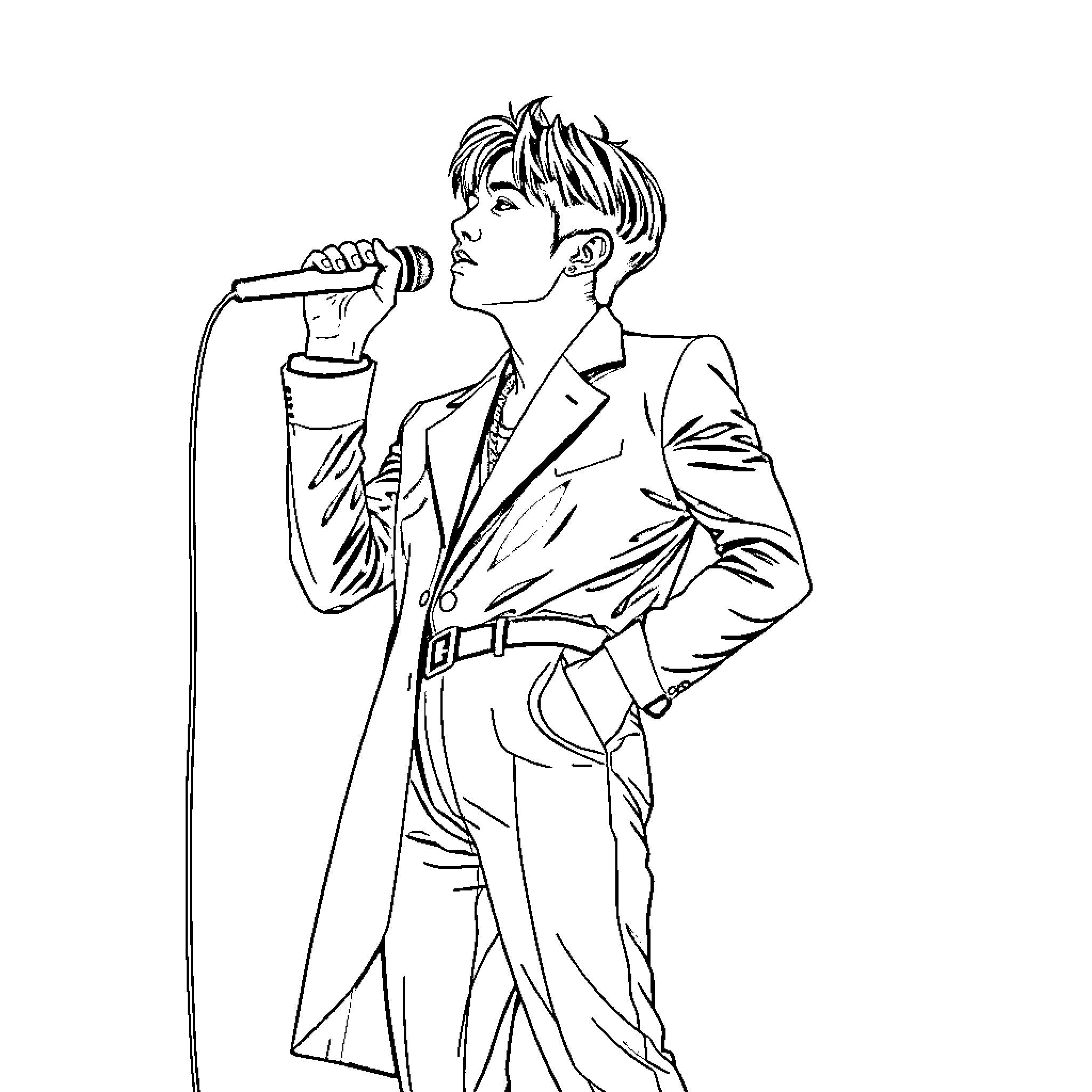 Namjoon performing on stage in a formal outfit Coloring Page (free black-and-white line drawing printable PDF for all, from beginners to advanced learners, including children, teens, adults, and seniors)
