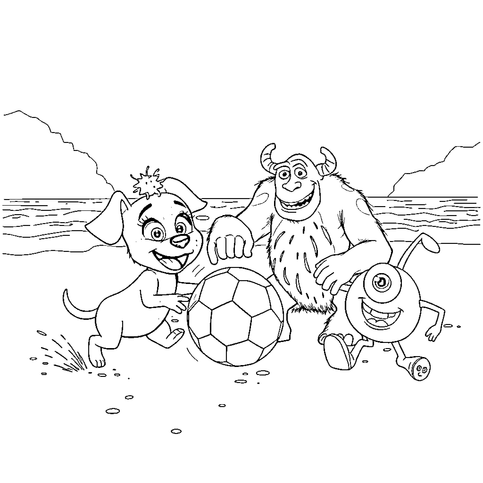 Bluey and friends playing soccer on the beach Coloring Page (free black-and-white line drawing printable PDF for all, from beginners to advanced learners, including children, teens, adults, and seniors)