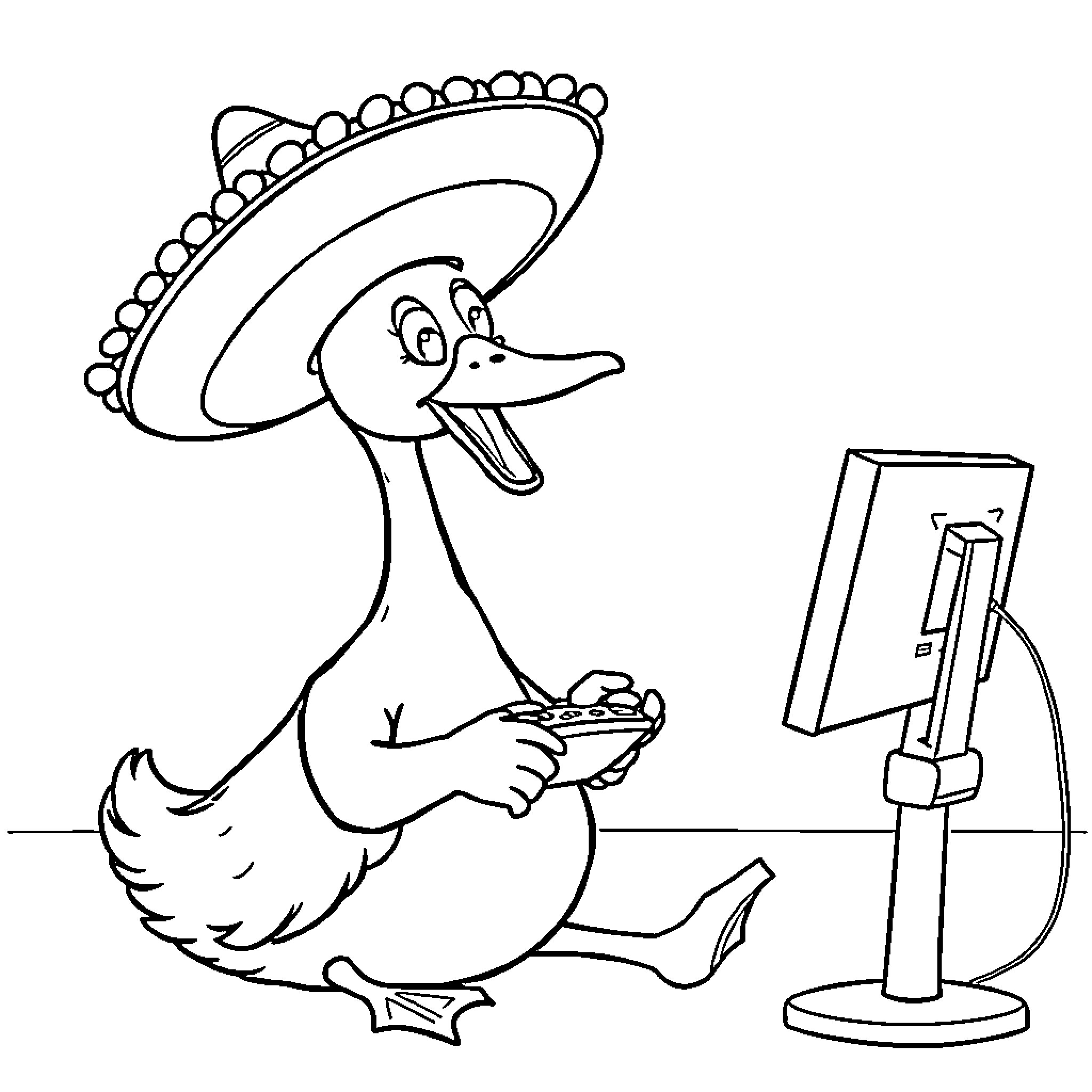 Goose Watching TV in Sombrero Coloring Page (free black-and-white line drawing printable PDF for all, from beginners to advanced learners, including children, teens, adults, and seniors)