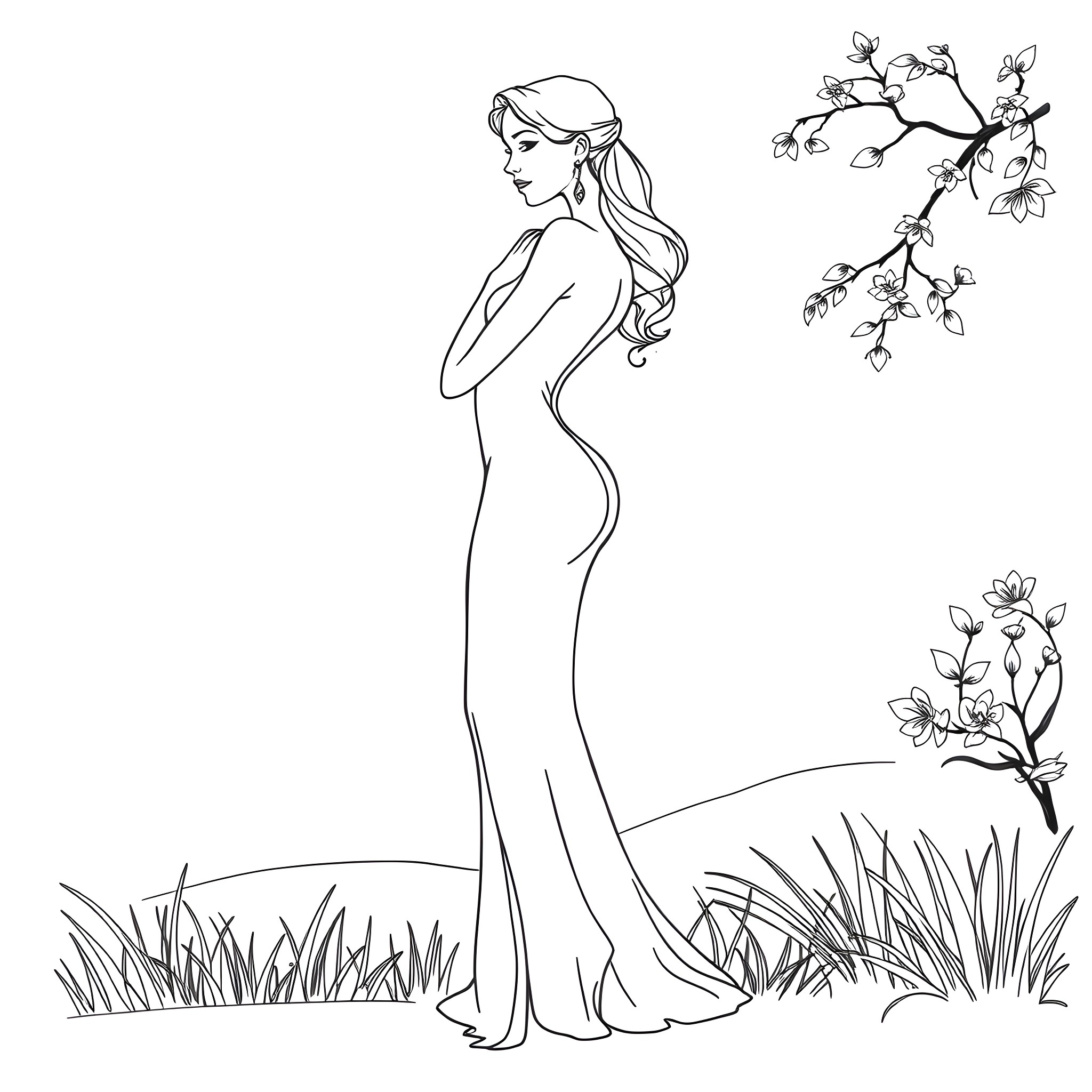 Woman in elegant dress admiring nature's beauty Coloring Page (free black-and-white line drawing printable PDF for all, from beginners to advanced learners, including children, teens, adults, and seniors)