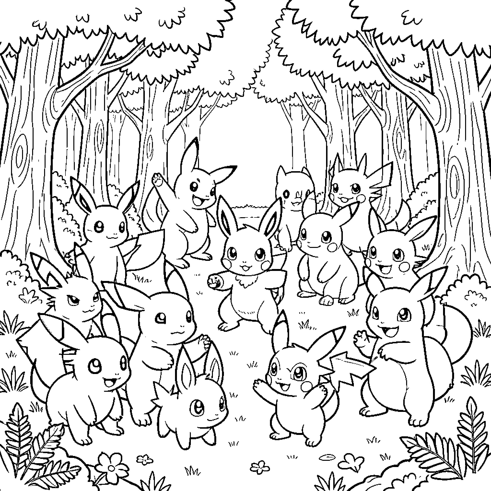 Pokémon playing together in a lush forest Coloring Page (free black-and-white line drawing printable PDF for all, from beginners to advanced learners, including children, teens, adults, and seniors)