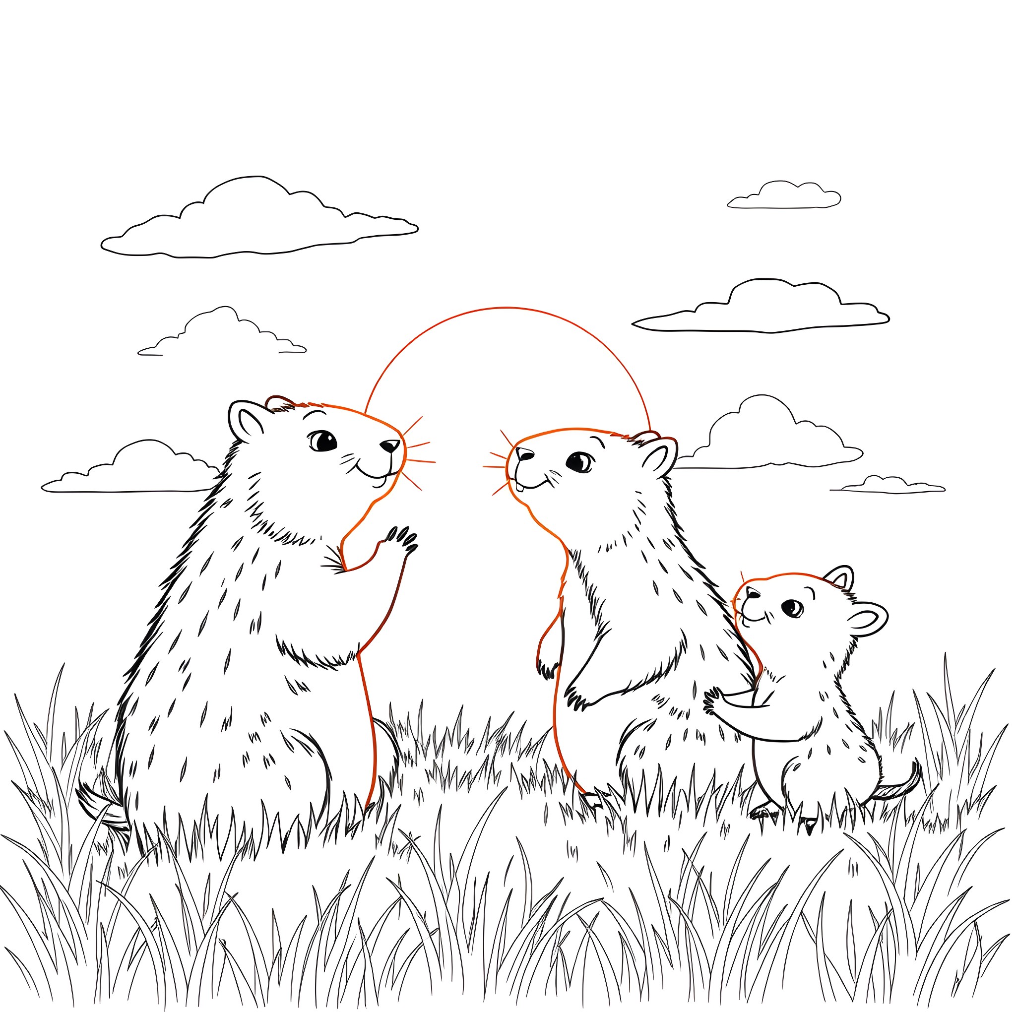 Capybara family exploring the outdoors Coloring Page (free black-and-white line drawing printable PDF for all, from beginners to advanced learners, including children, teens, adults, and seniors)