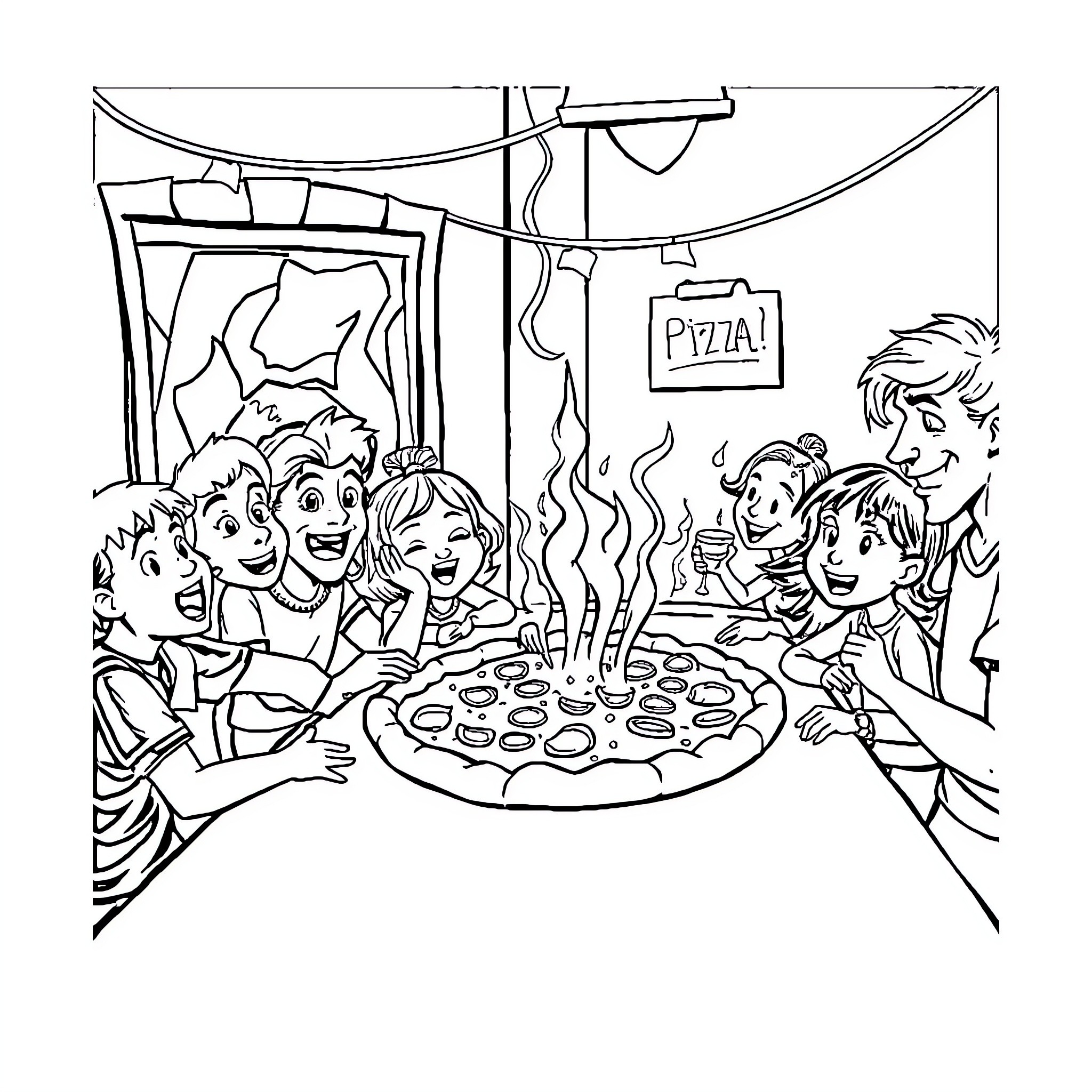 Pizza party with excited group of friends Coloring Page (free black-and-white line drawing printable PDF for all, from beginners to advanced learners, including children, teens, adults, and seniors)