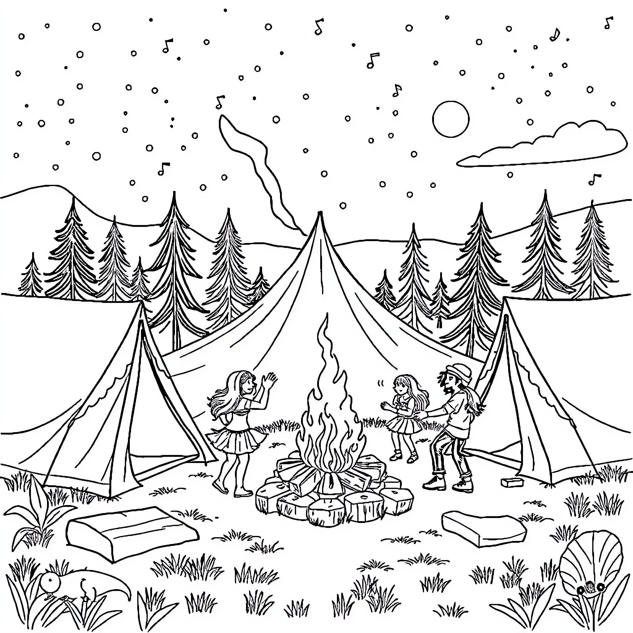 Hippie friends enjoying campfire under starry night Coloring Page (free black-and-white line drawing printable PDF for all, from beginners to advanced learners, including children, teens, adults, and seniors)