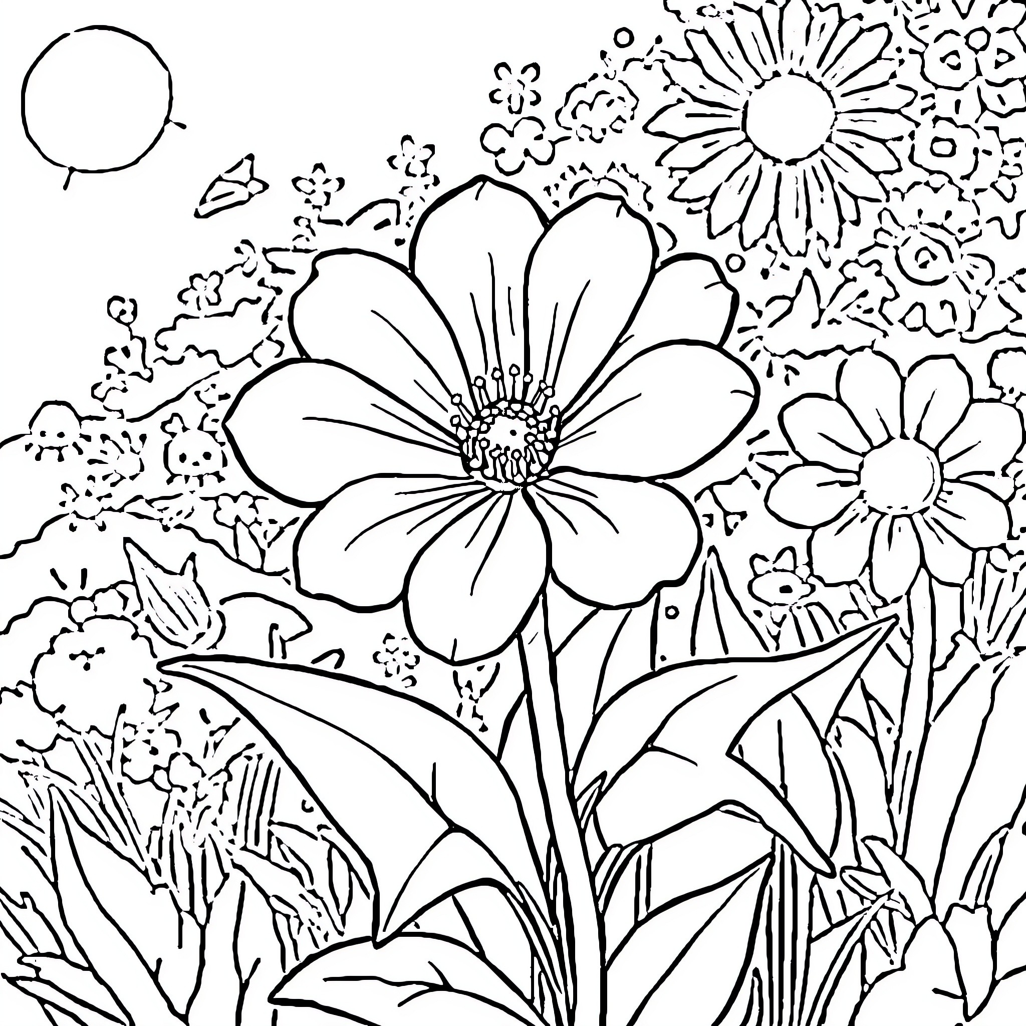 Flower garden with vibrant blooms Coloring Page (free black-and-white line drawing printable PDF for all, from beginners to advanced learners, including children, teens, adults, and seniors)