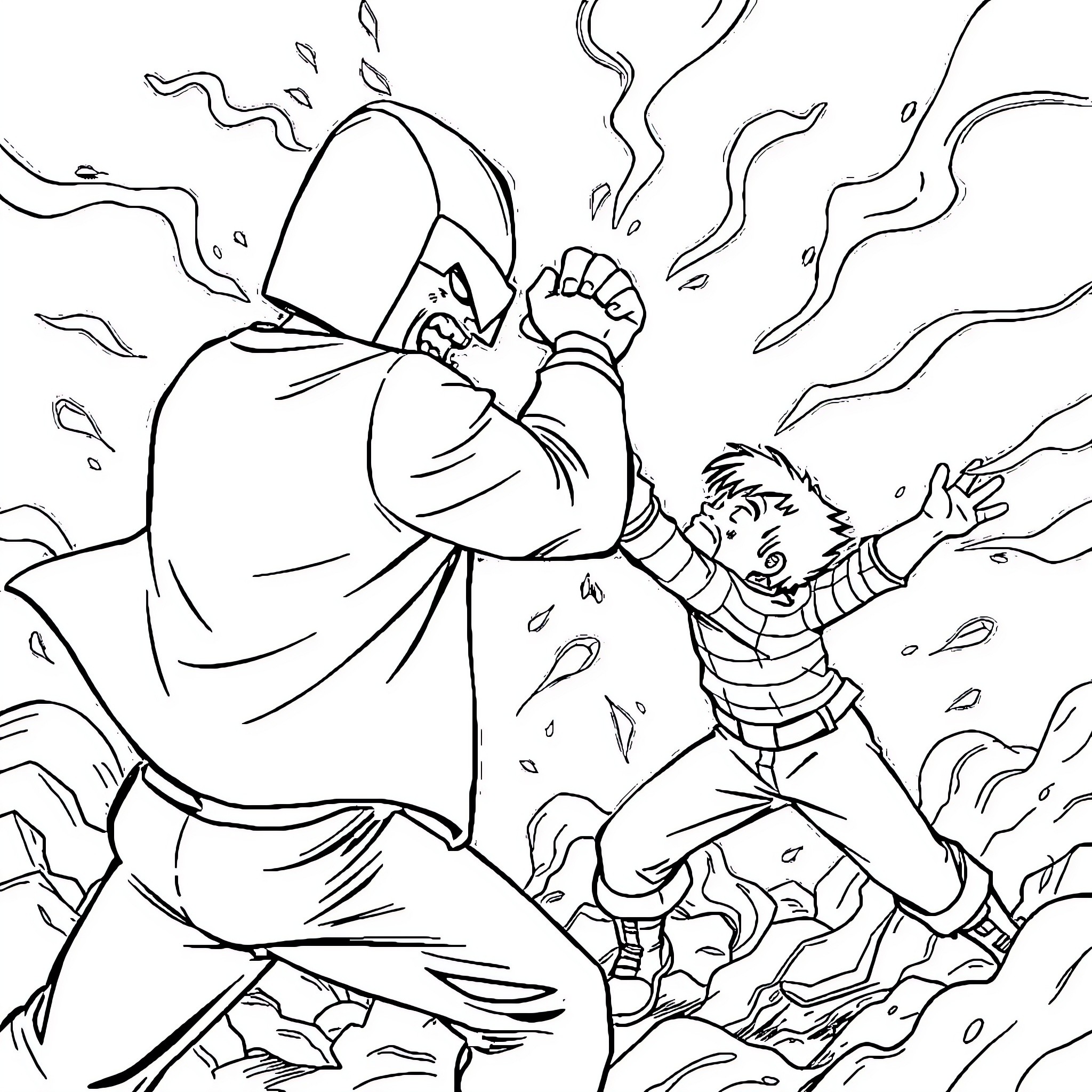 Herobrain battling a powerful foe in an intense scene Coloring Page (free black-and-white line drawing printable PDF for all, from beginners to advanced learners, including children, teens, adults, and seniors)