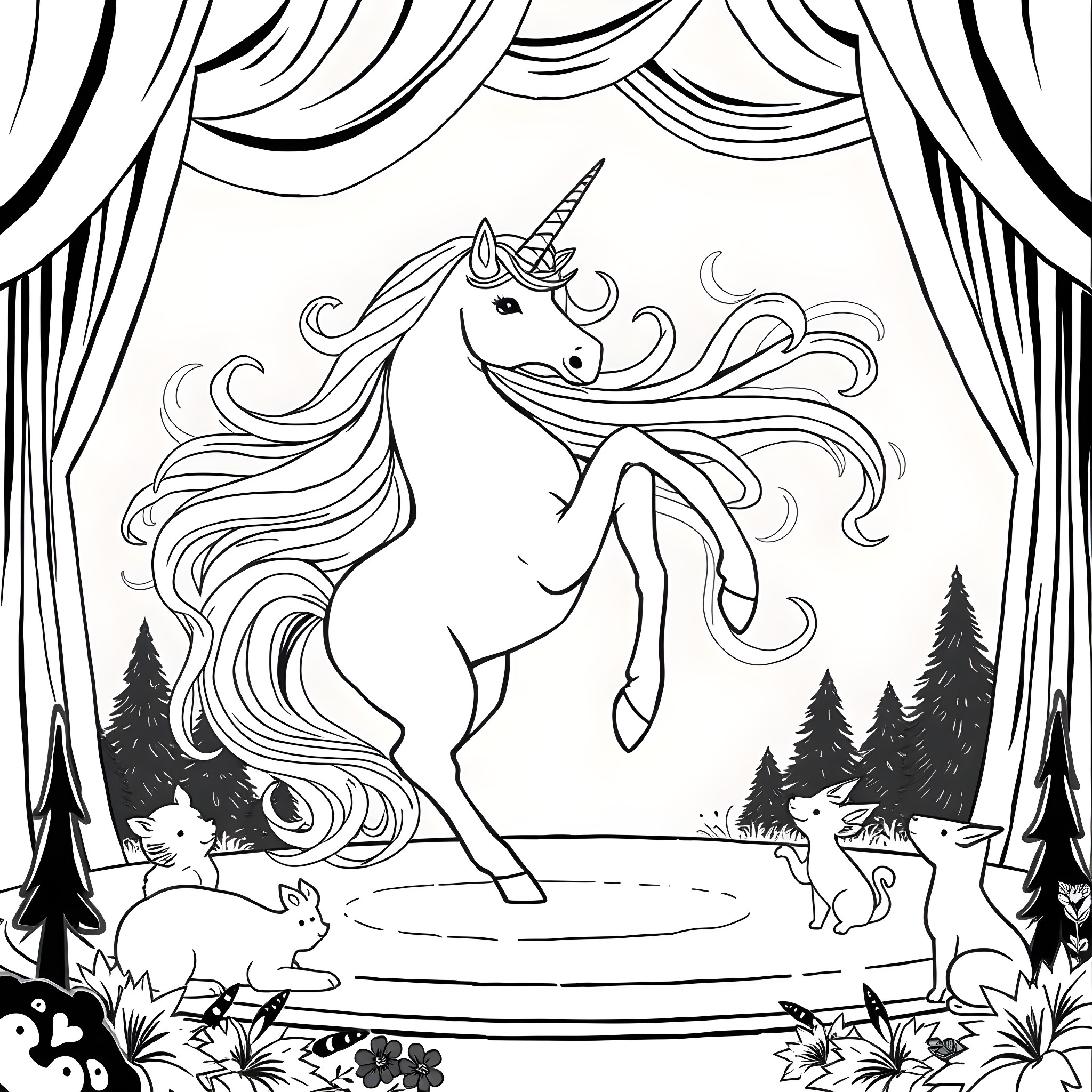 Unicorn in a Magical Forest Clearing Coloring Page (free black-and-white line drawing printable PDF for all, from beginners to advanced learners, including children, teens, adults, and seniors)