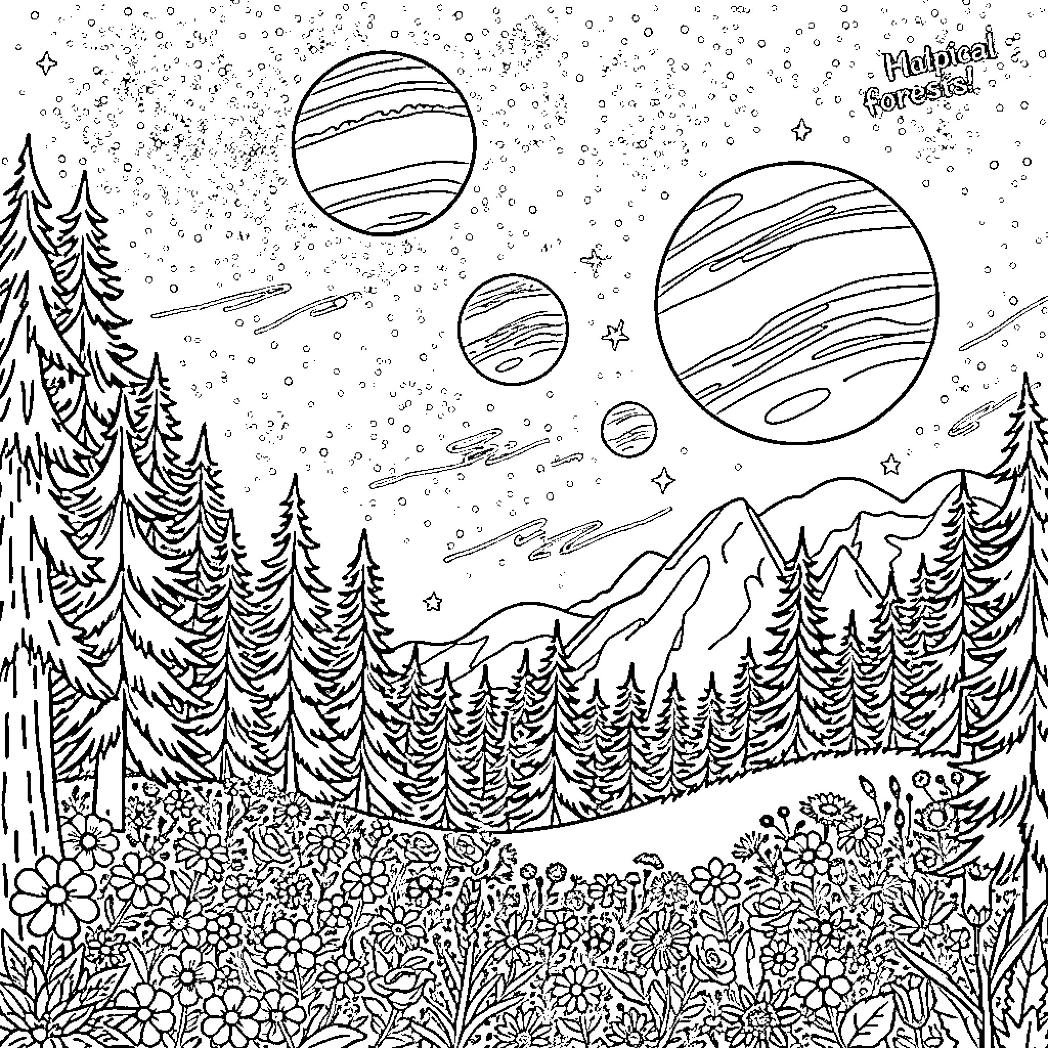 Forest filled with planets, stars, and landscapes Coloring Page (free black-and-white line drawing printable PDF for all, from beginners to advanced learners, including children, teens, adults, and seniors)