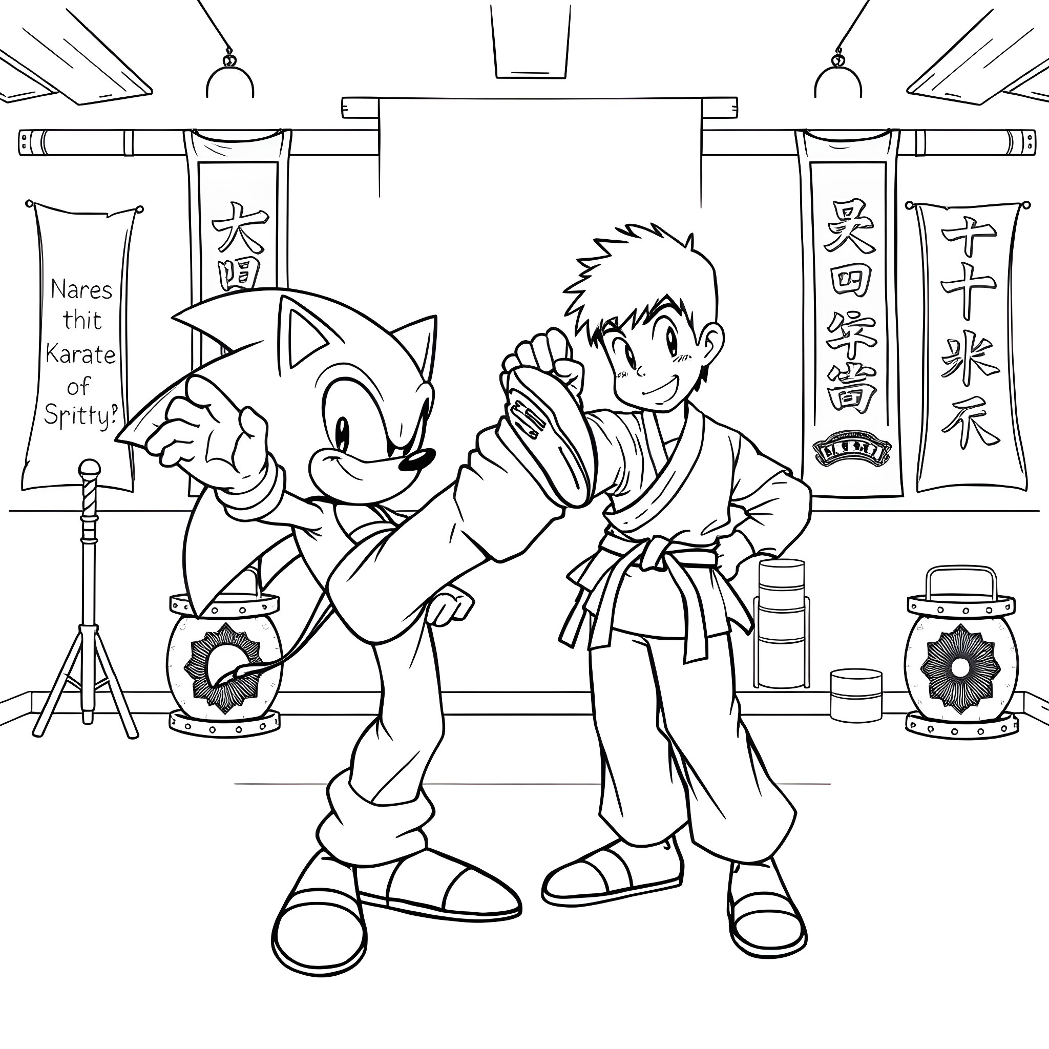 Sonic and Friend Practicing Martial Arts in Dojo Coloring Page (free black-and-white line drawing printable PDF for all, from beginners to advanced learners, including children, teens, adults, and seniors)